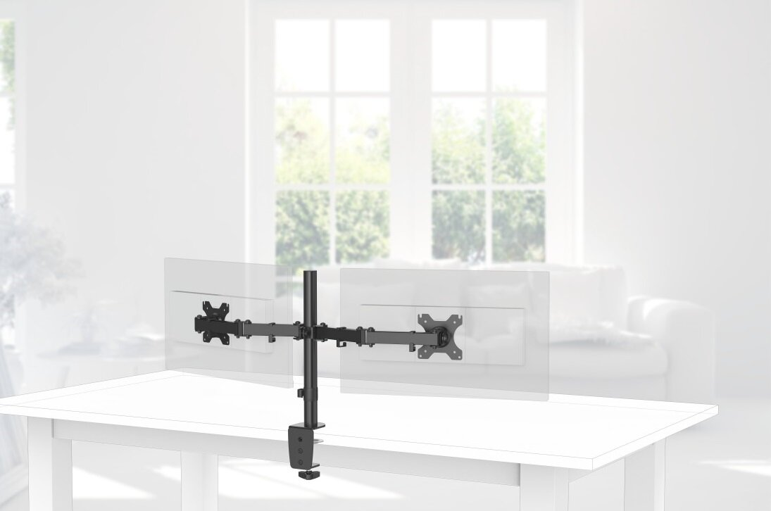Konfiguracja ramienia monitora z dwoma przezroczystymi ekranami na białym biurku.