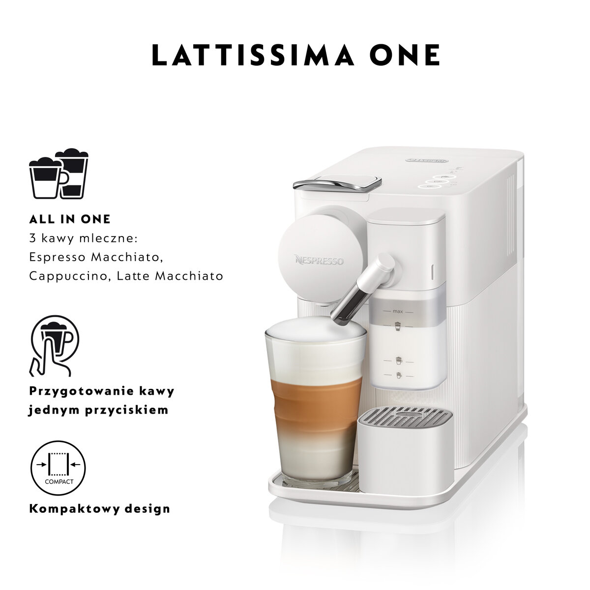 Biały ekspres do kawy Nespresso ze szklanką i tekstem po polsku.