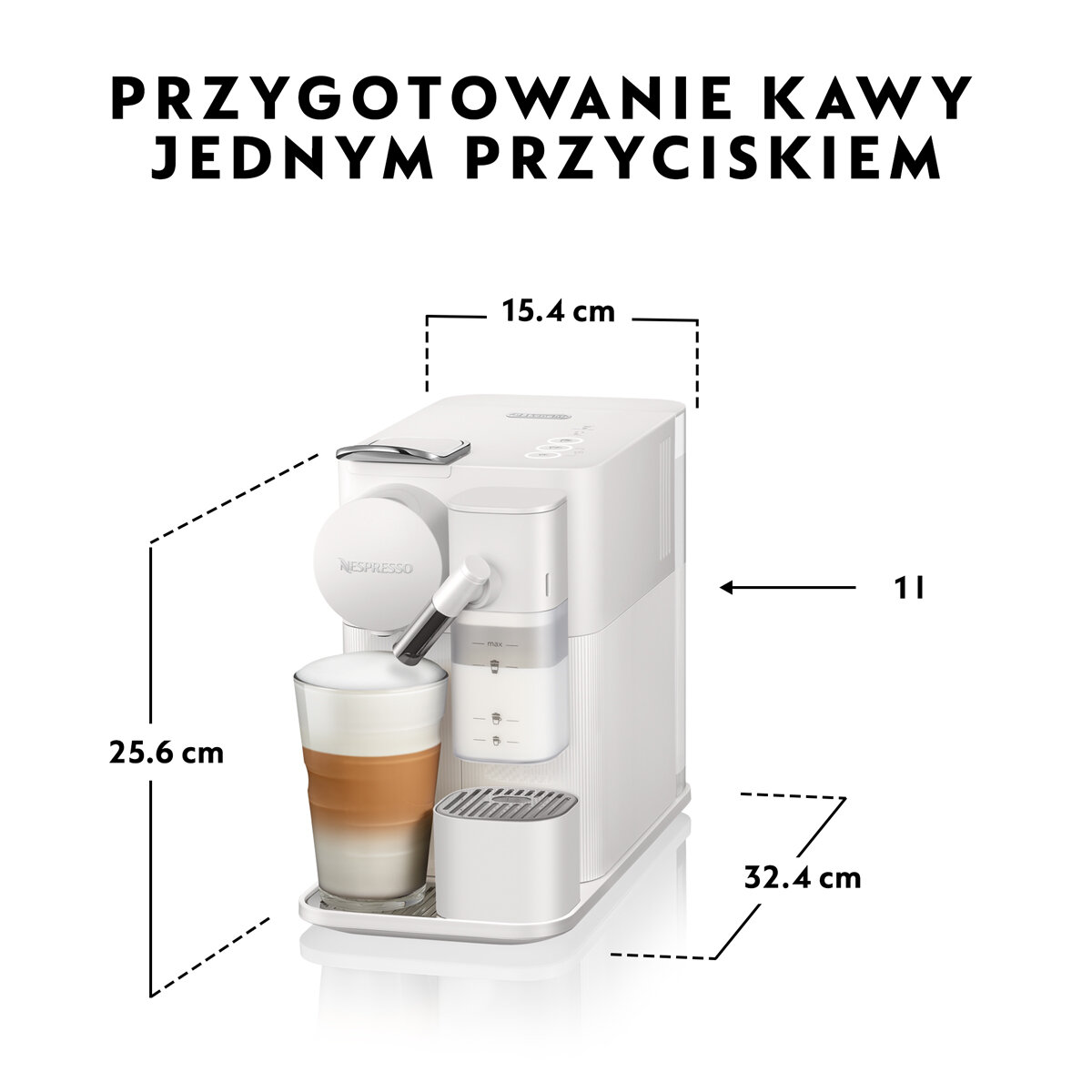 Biały ekspres do kawy ze szklanką latte z wymiarami po lewej i prawej stronie.