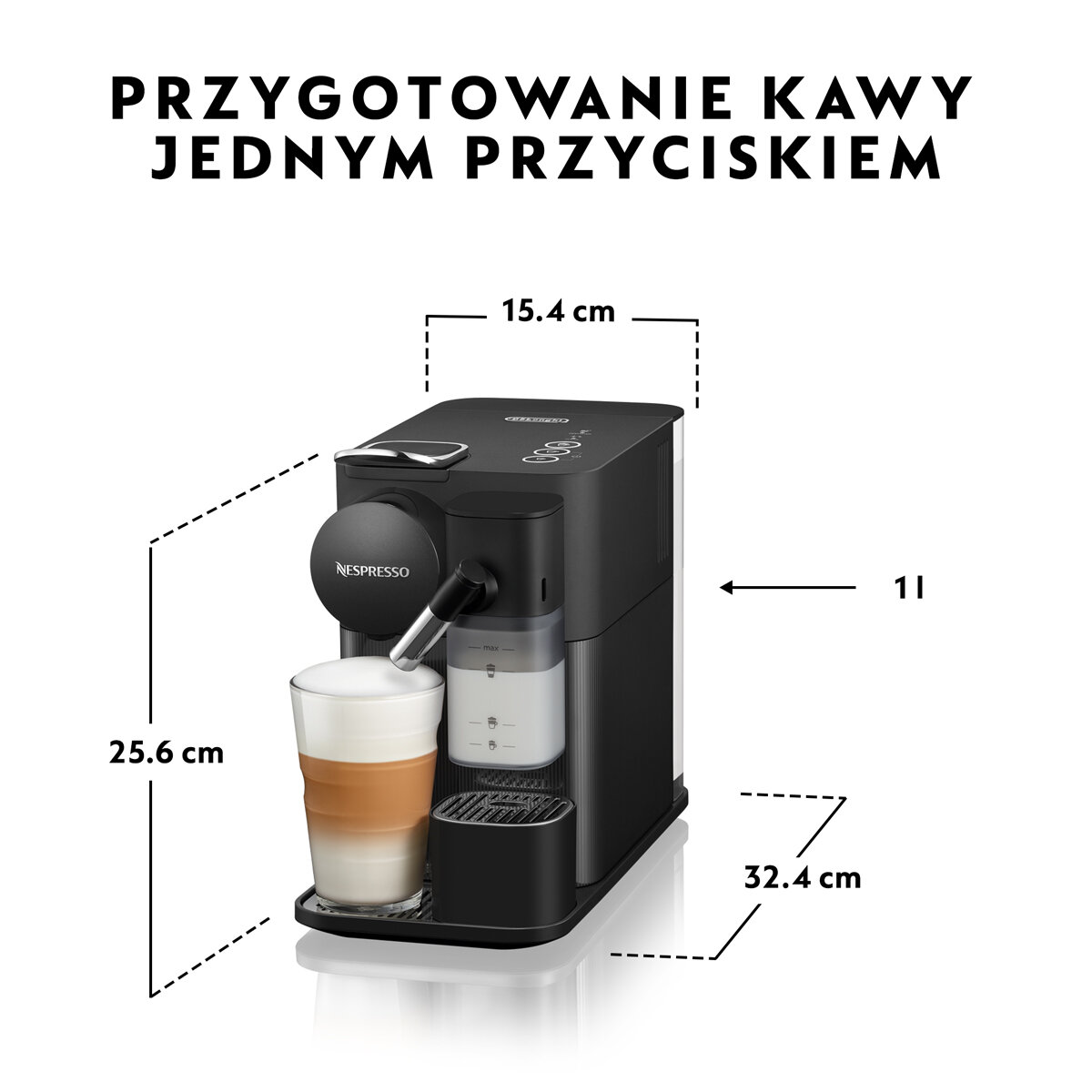 Czarny ekspres do kawy Nespresso ze szklanką latte, pokazujący wymiary i pomiary.