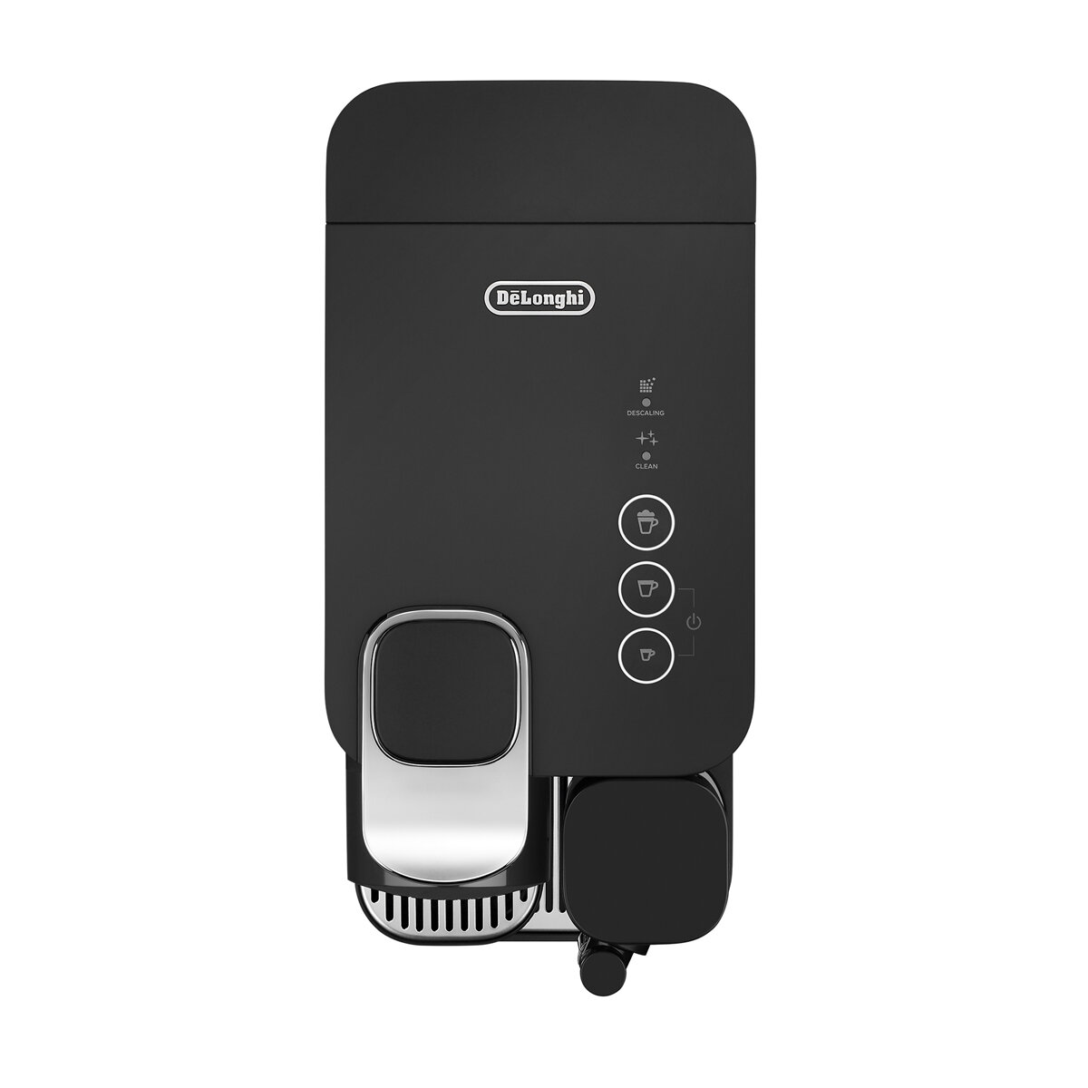 Czarny ekspres do kawy De'Longhi. Ma przyciski i wylew. Tło jest białe.