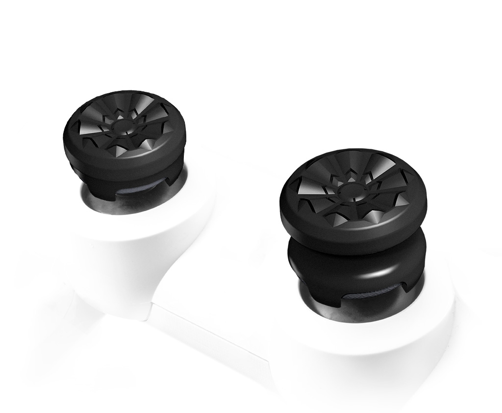 Zwei schwarze Thumbsticks auf einem weißen Controller.