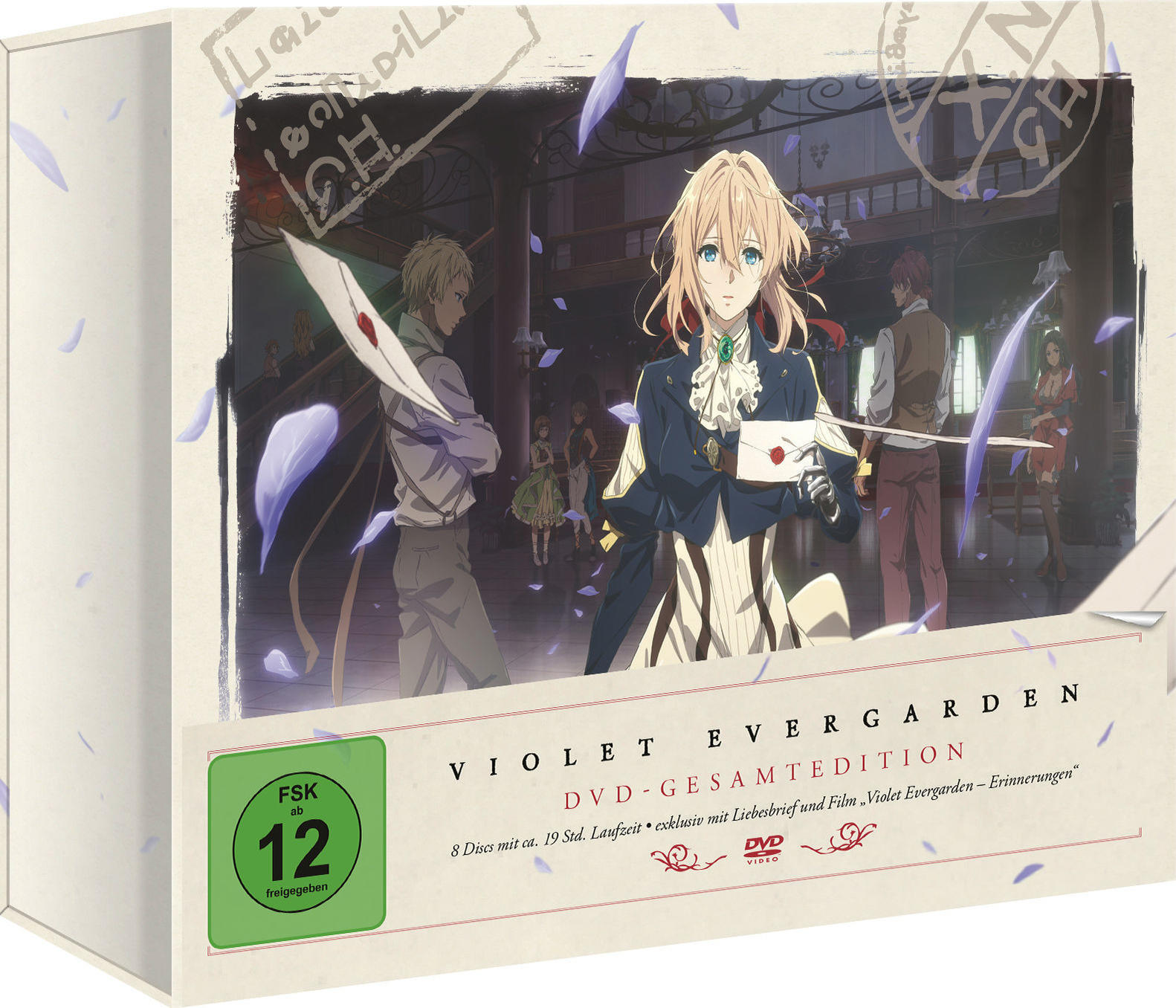 Violet Evergarden DVD-Box-Set mit Anime-Charakteren auf dem Cover, auf weißem Hintergrund.