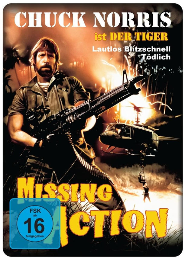 Filmposter für 'Missing in Action' mit Chuck Norris mit Gewehr.