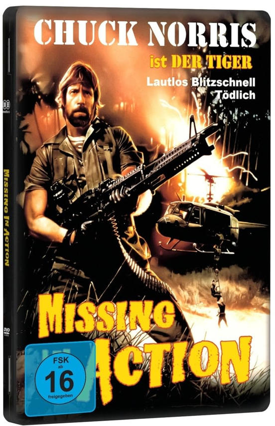 DVD-Hülle von 'Missing in Action' mit Chuck Norris. Er hält ein Maschinengewehr, im Hintergrund ein Hubschrauber.