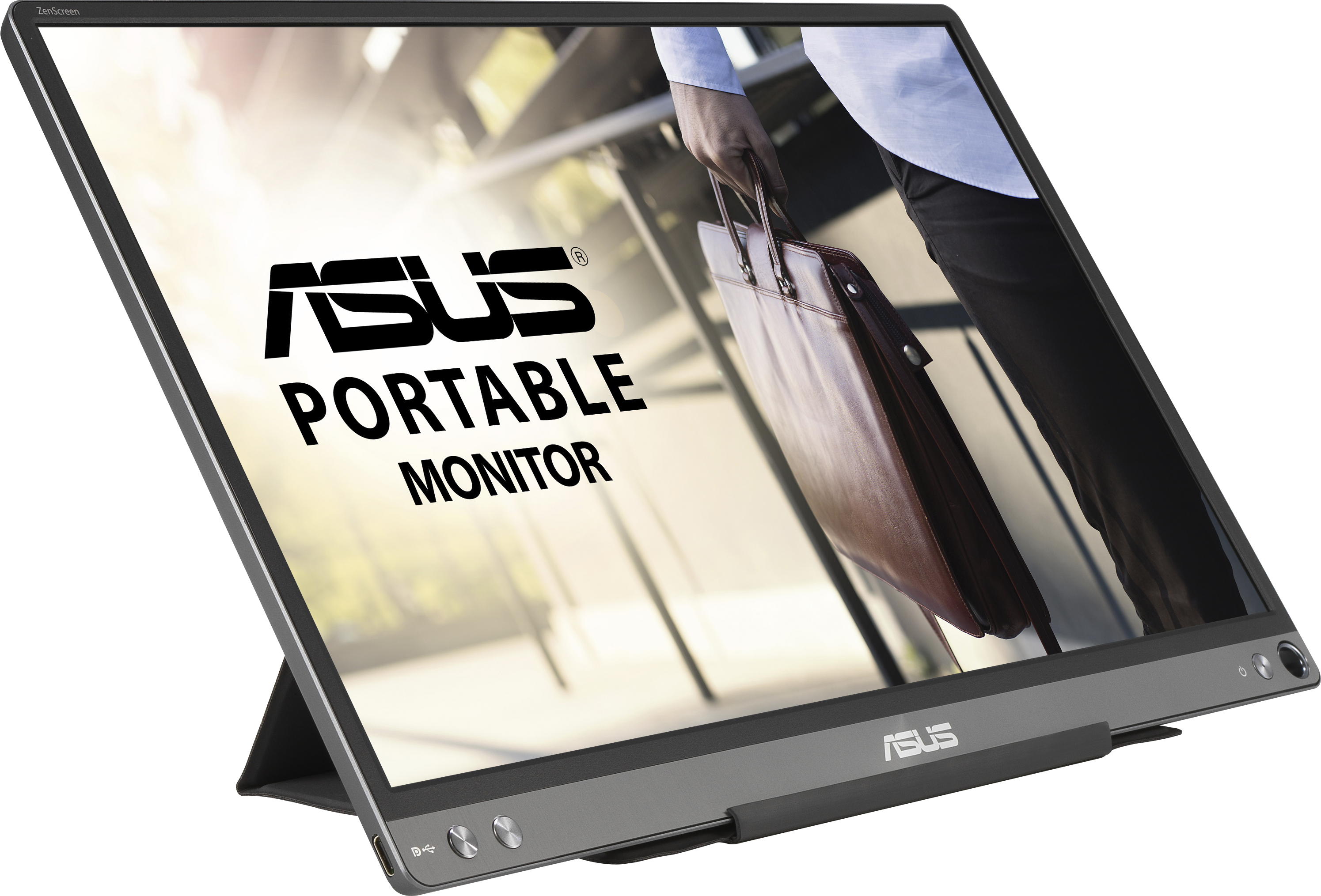 Tragbarer ASUS-Monitor mit einer Person, die eine braune Aktentasche im Hintergrund hält. Der Monitor zeigt das ASUS-Logo.