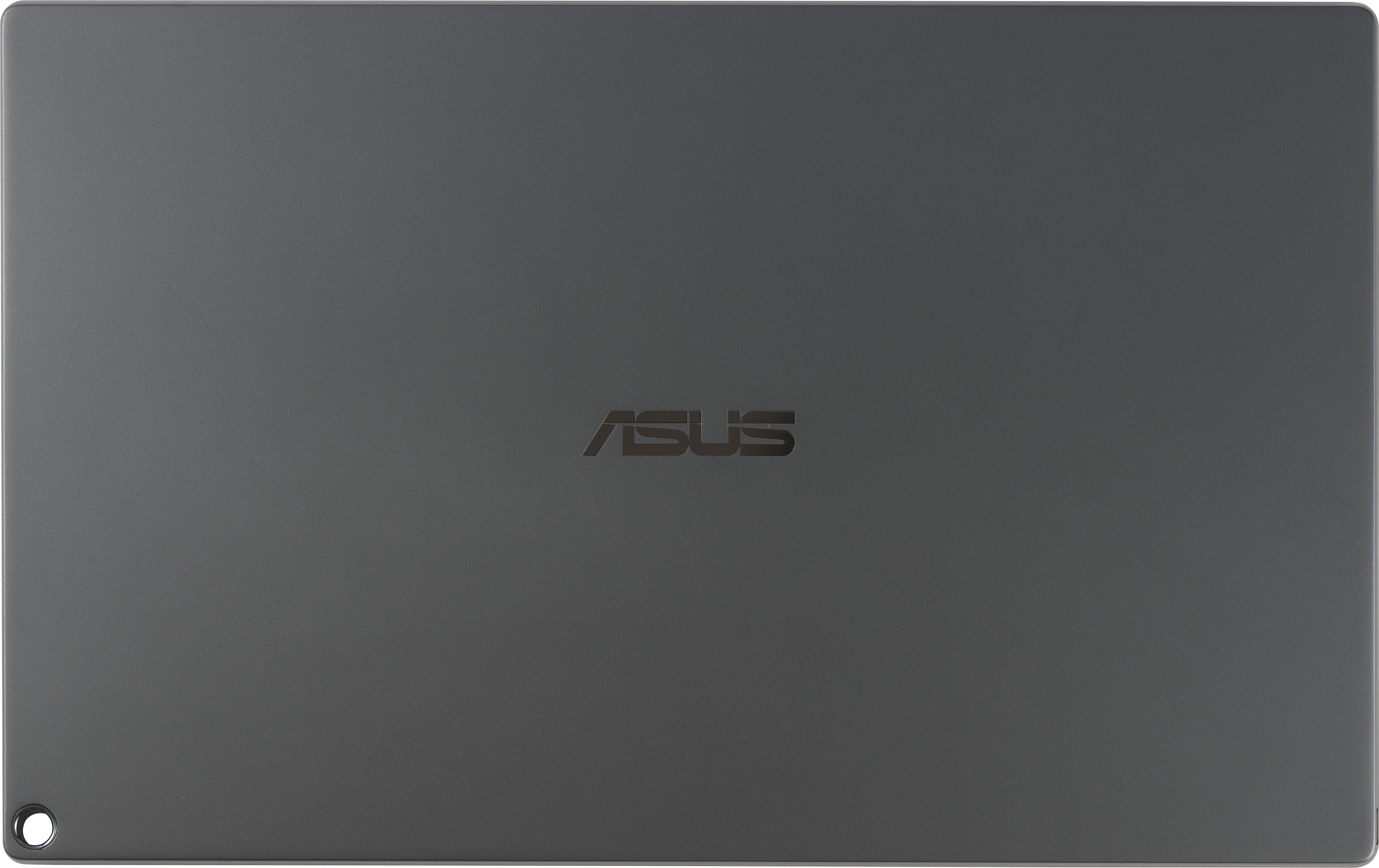 Ein grauer Laptop mit dem ASUS-Logo in der Mitte. Der Laptop hat eine abgerundete Kante und einen kleinen Anschluss links.