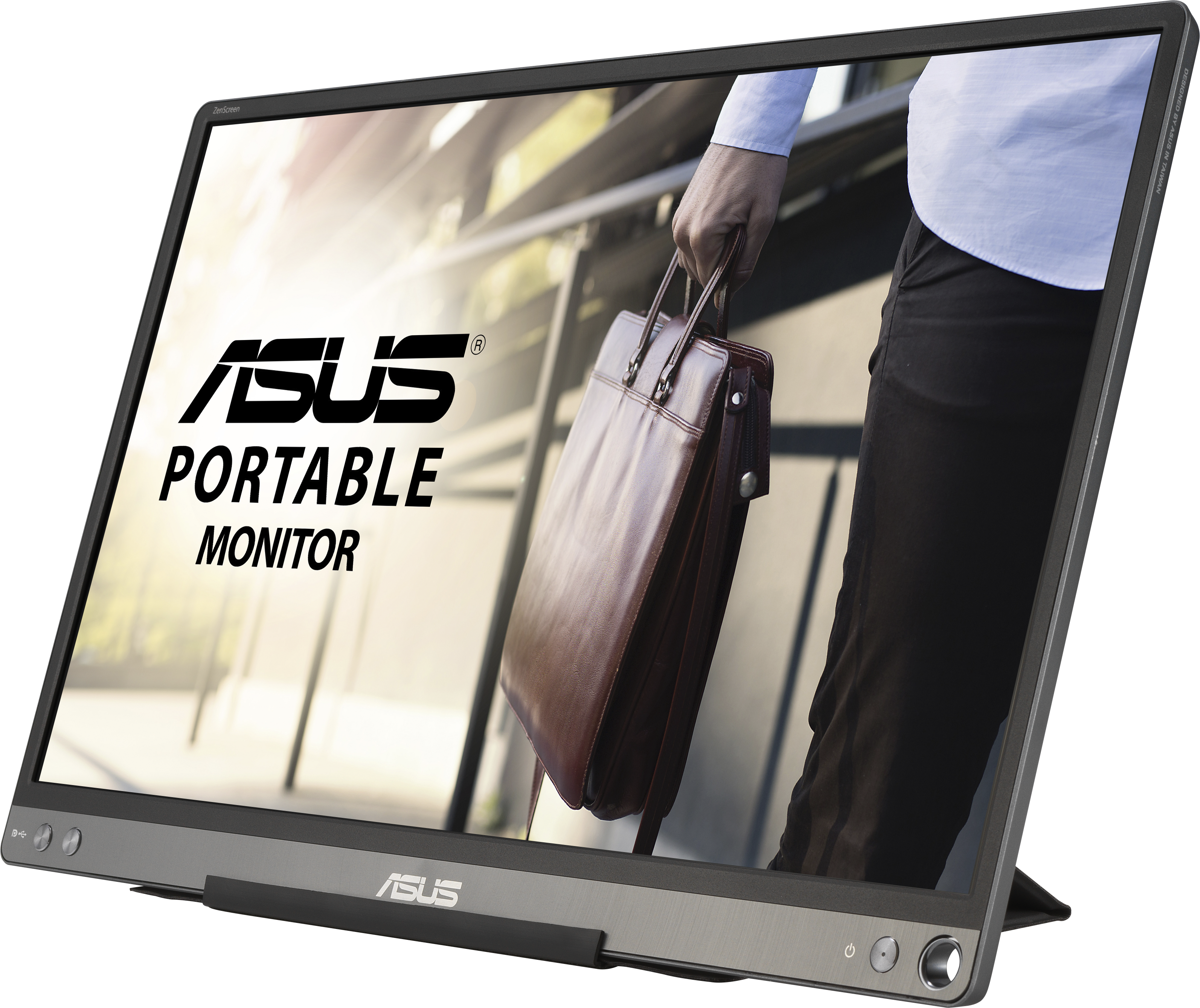 Tragbarer ASUS-Monitor mit einer Person, die eine braune Aktentasche in einer Büroumgebung hält. Der Monitor ist schwarz und grau.