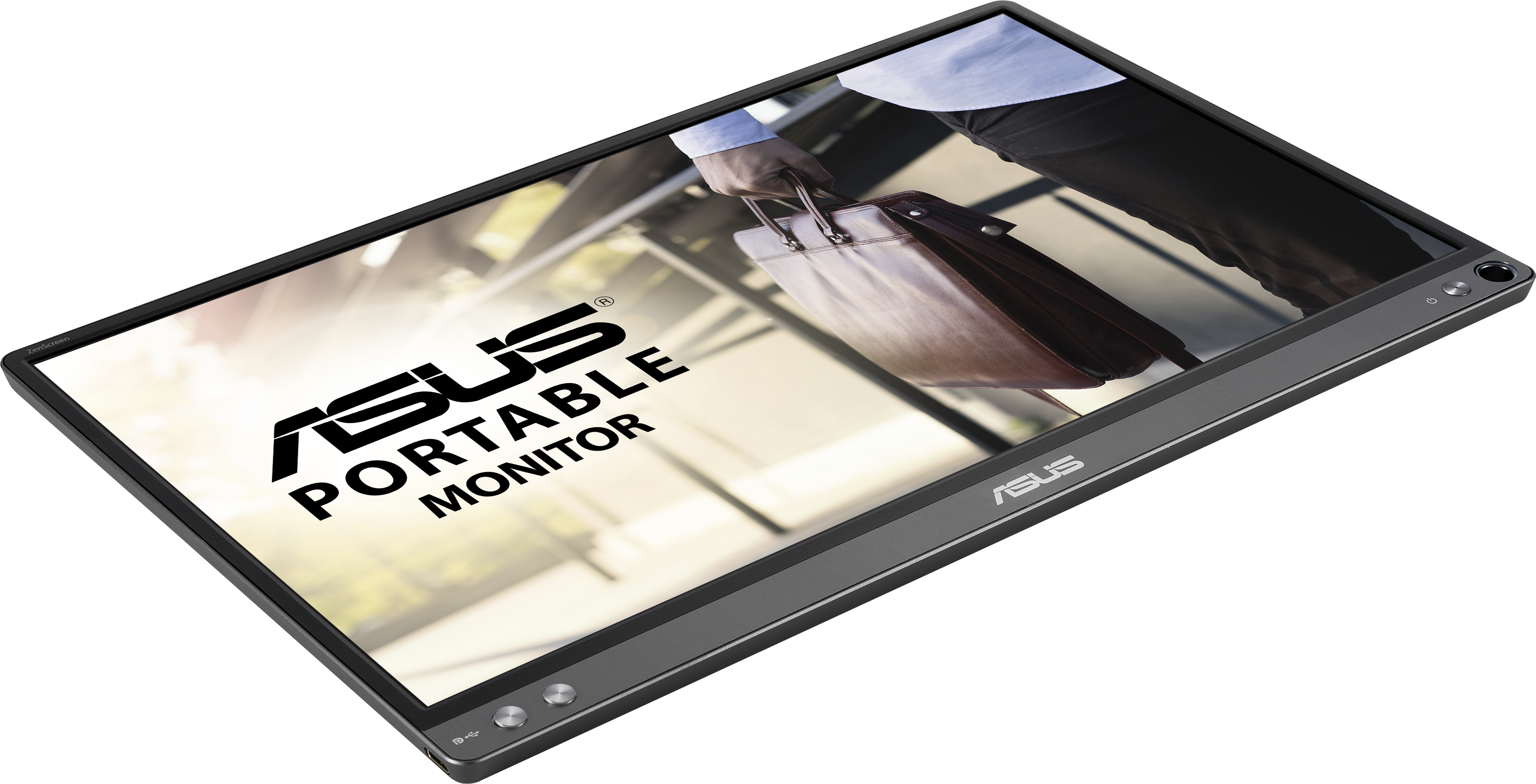 Der tragbare ASUS-Monitor zeigt eine Person, die eine braune Aktentasche hält. Der Bildschirm zeigt das ASUS-Logo und die Worte 'PORTABLE MONITOR'.
