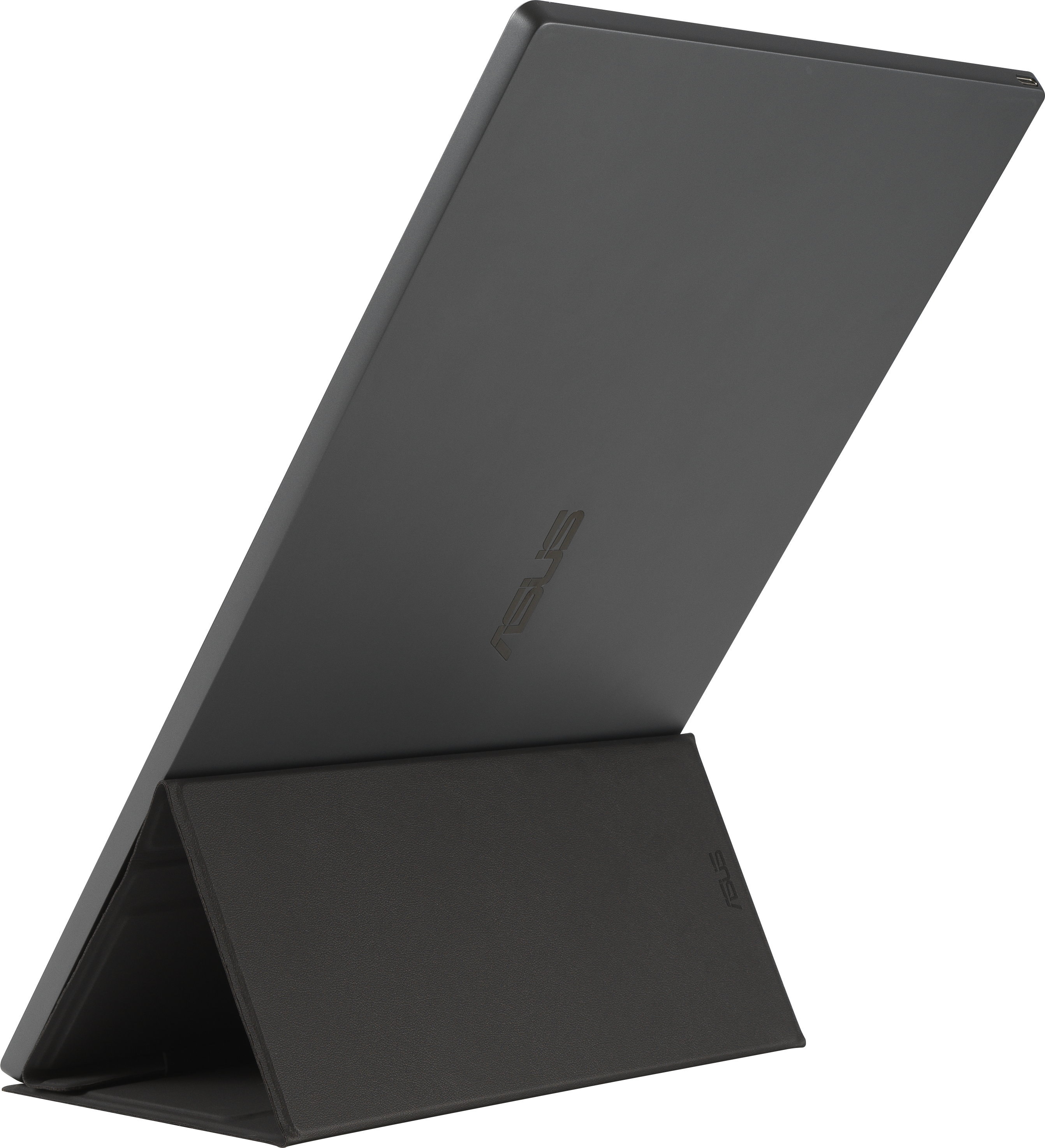 Ein dunkelgraues Tablet steht offen, unterstützt von einem dunkelgrauen Ständer. Das ASUS-Logo ist sichtbar.