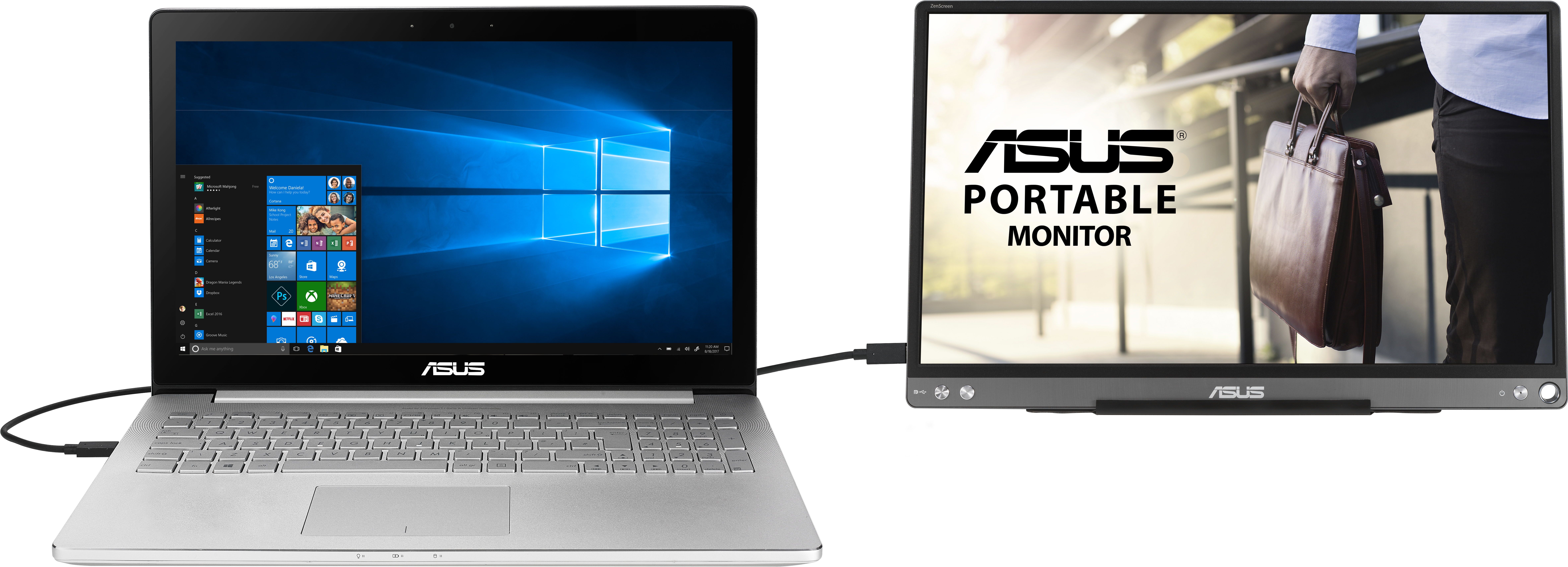 Laptop an tragbaren Monitor angeschlossen. Der Monitor zeigt eine Person mit Aktenkoffer. Der Laptop zeigt den Windows-Desktop.