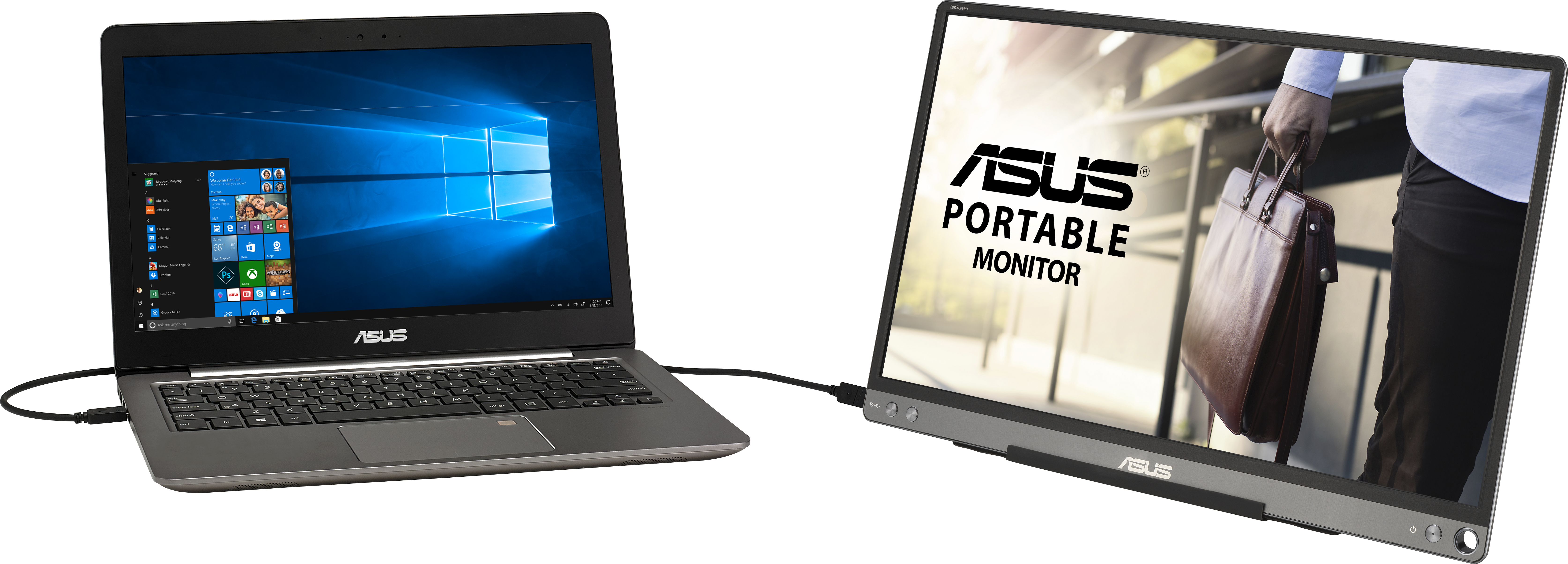 Laptop und tragbarer Monitor verbunden. Laptop zeigt Windows. Monitor zeigt einen Mann mit Aktentasche.