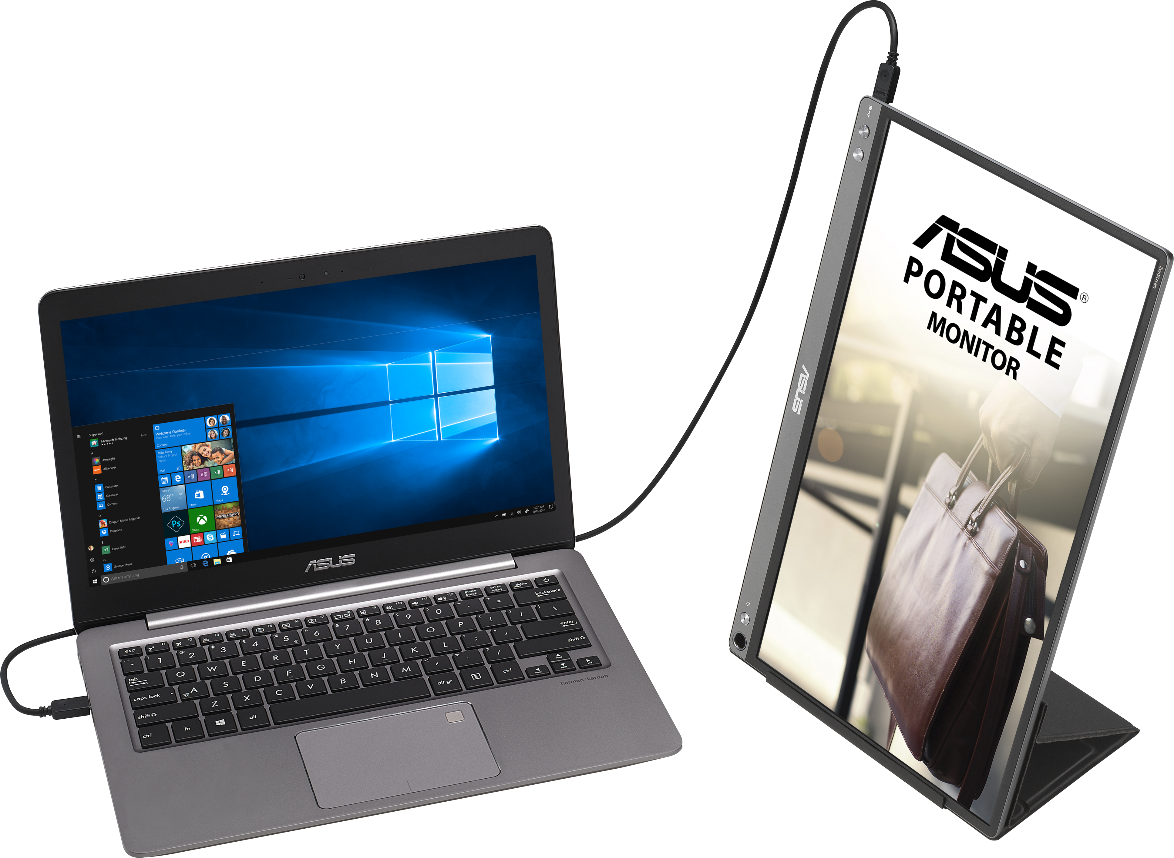 Ein Laptop ist mit einem tragbaren ASUS-Monitor verbunden. Der Monitor zeigt eine Aktentasche. Auf dem Laptop-Bildschirm ist ein Windows-Desktop zu sehen.