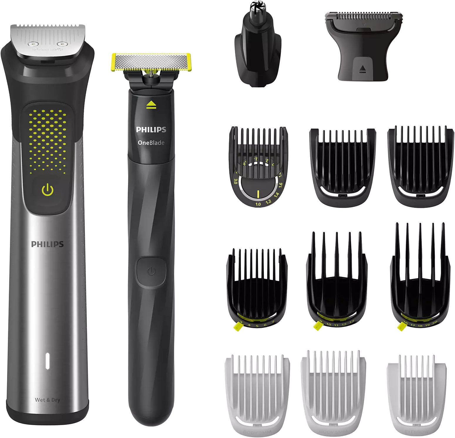 Philips OneBlade elektromos borotva különböző tartozékokkal, különböző vágási hosszúságokat bemutatva.