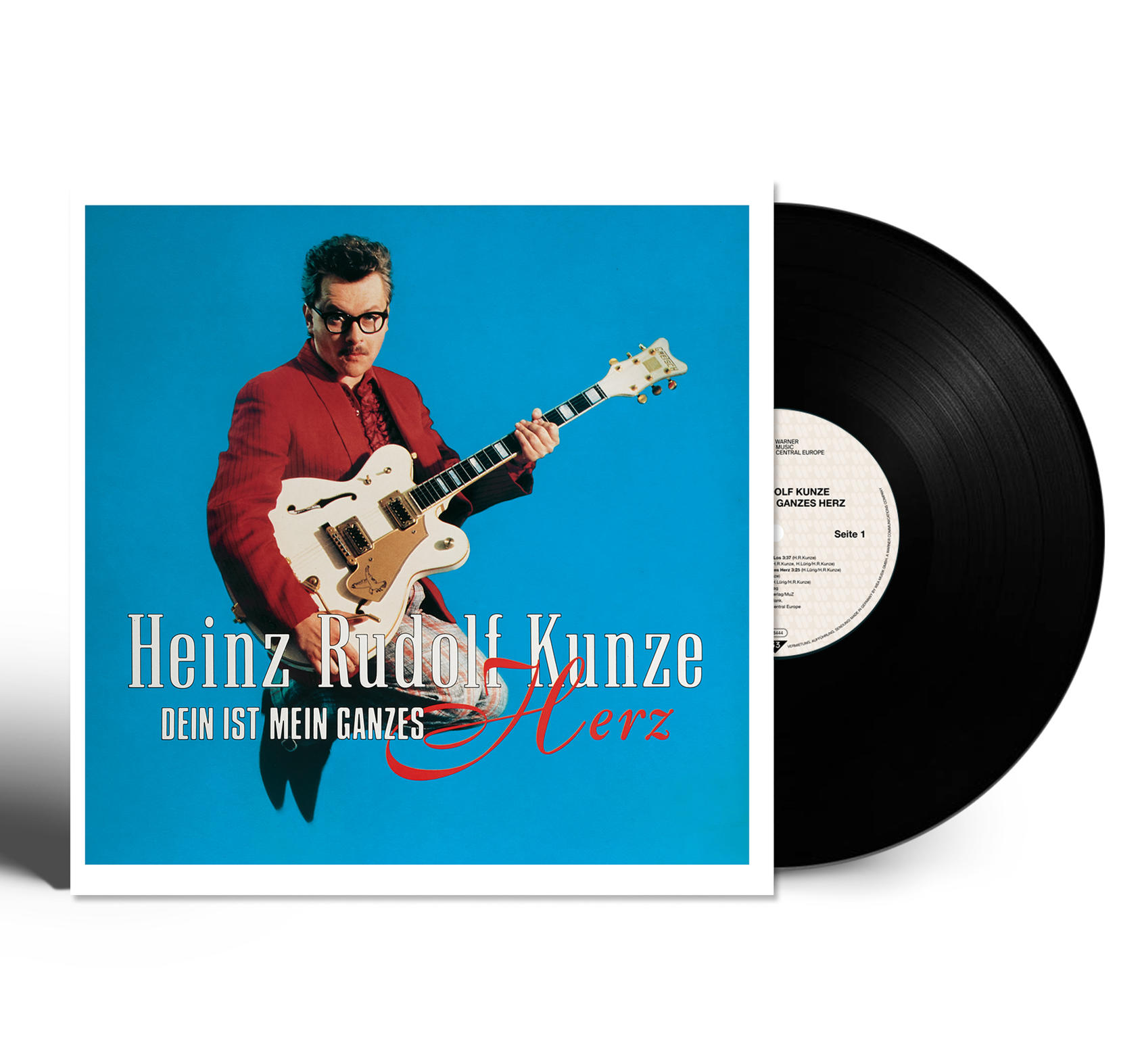 Albumcover mit einem Mann, der eine Gitarre hält. Schallplatte daneben. Blauer Hintergrund, weißer Text.