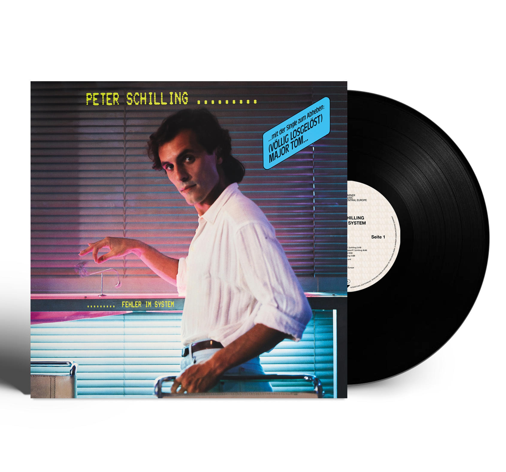Vinyl-Schallplatten-Albumcover, Peter Schilling, mit einem Mann im weißen Hemd, plus einer schwarzen Schallplatte.