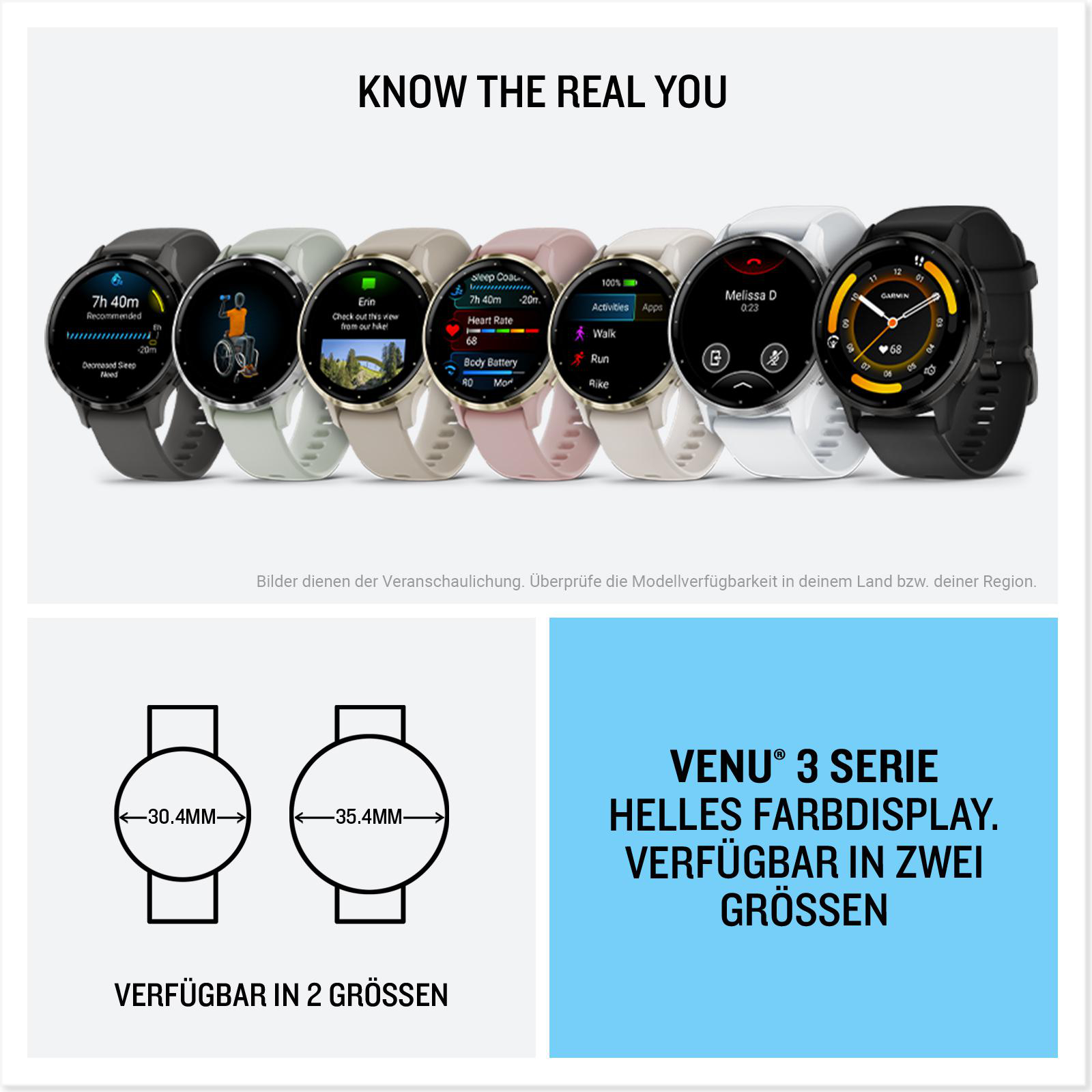 Garmin-Smartwatches in einer Reihe, mit zwei Größendiagrammen und blauem Block.