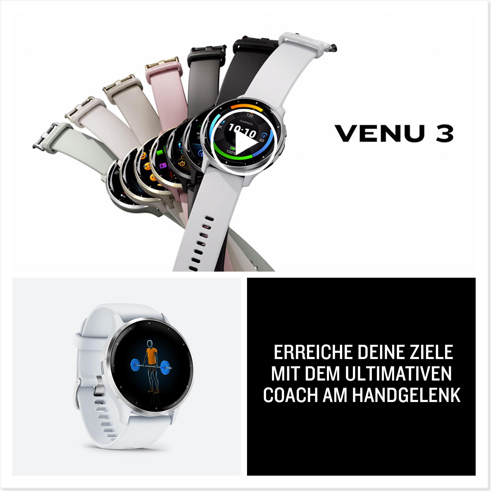 Smartwatch Venu 3 mit mehreren Armbändern und einem Workout-Coach am Handgelenk.
