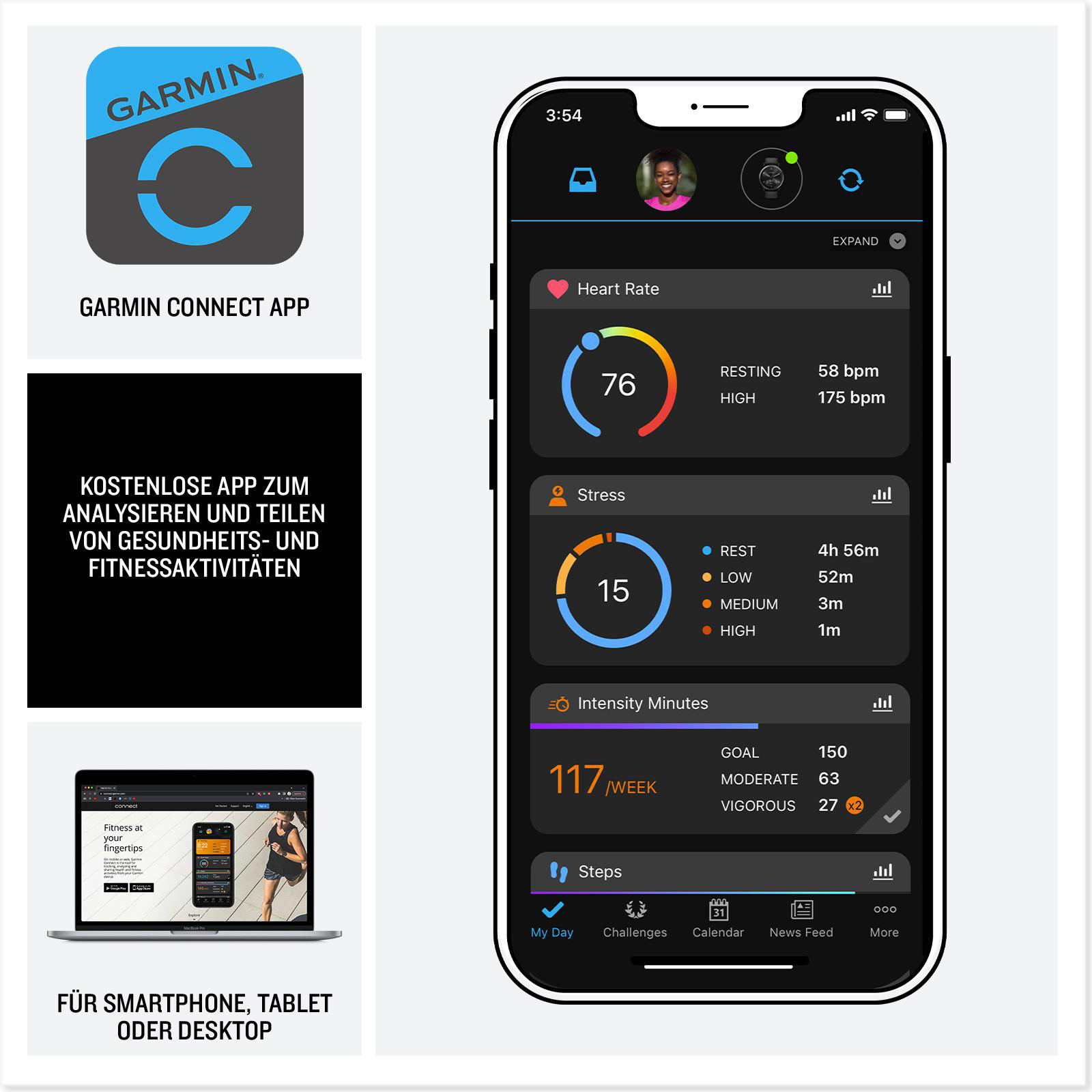 Garmin Connect App-Oberfläche mit Gesundheitsdaten auf Smartphone, Tablet und Laptop.