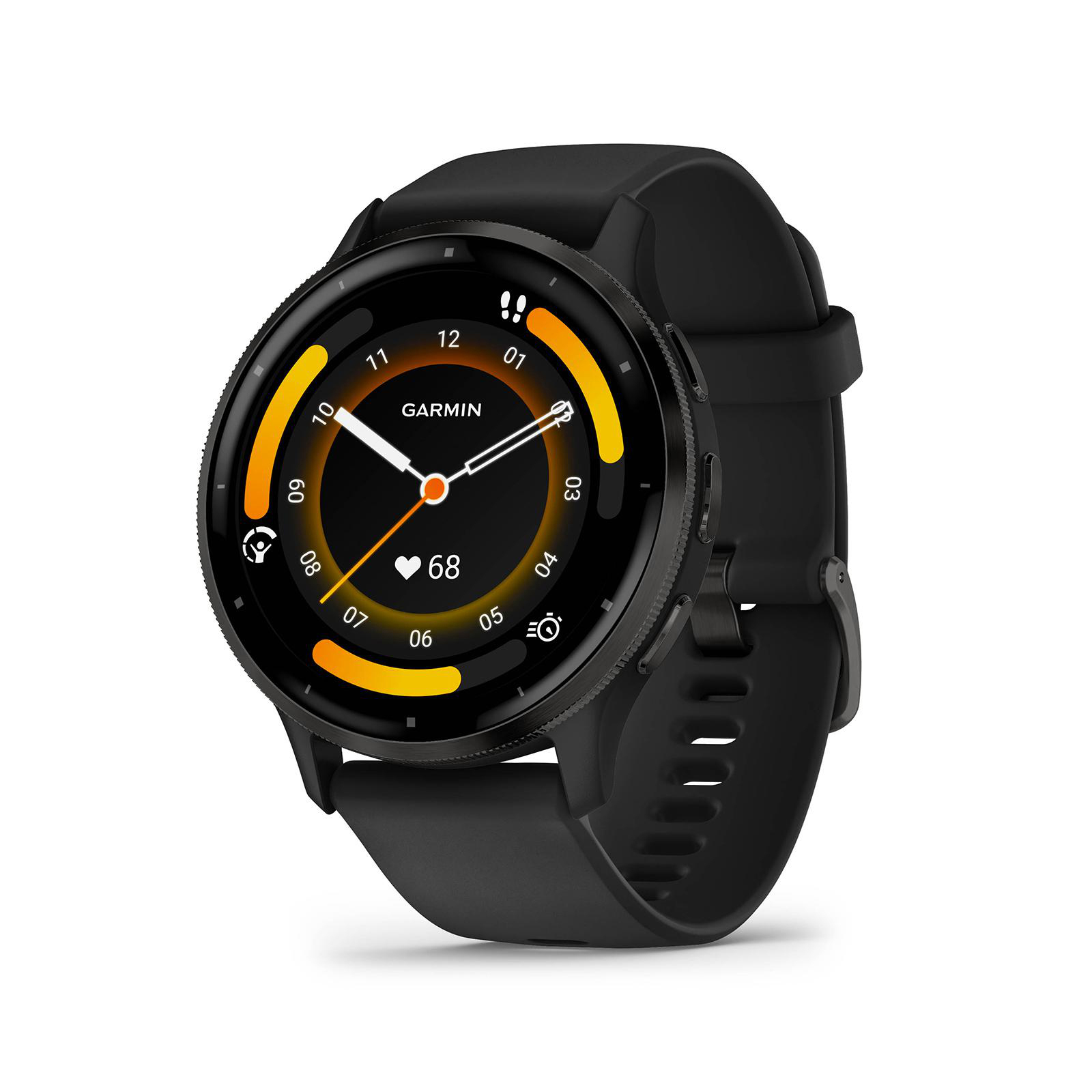 Schwarze Garmin Smartwatch mit rundem Zifferblatt und schwarzem Armband. Die Uhr zeigt Zeit und Herzfrequenz.