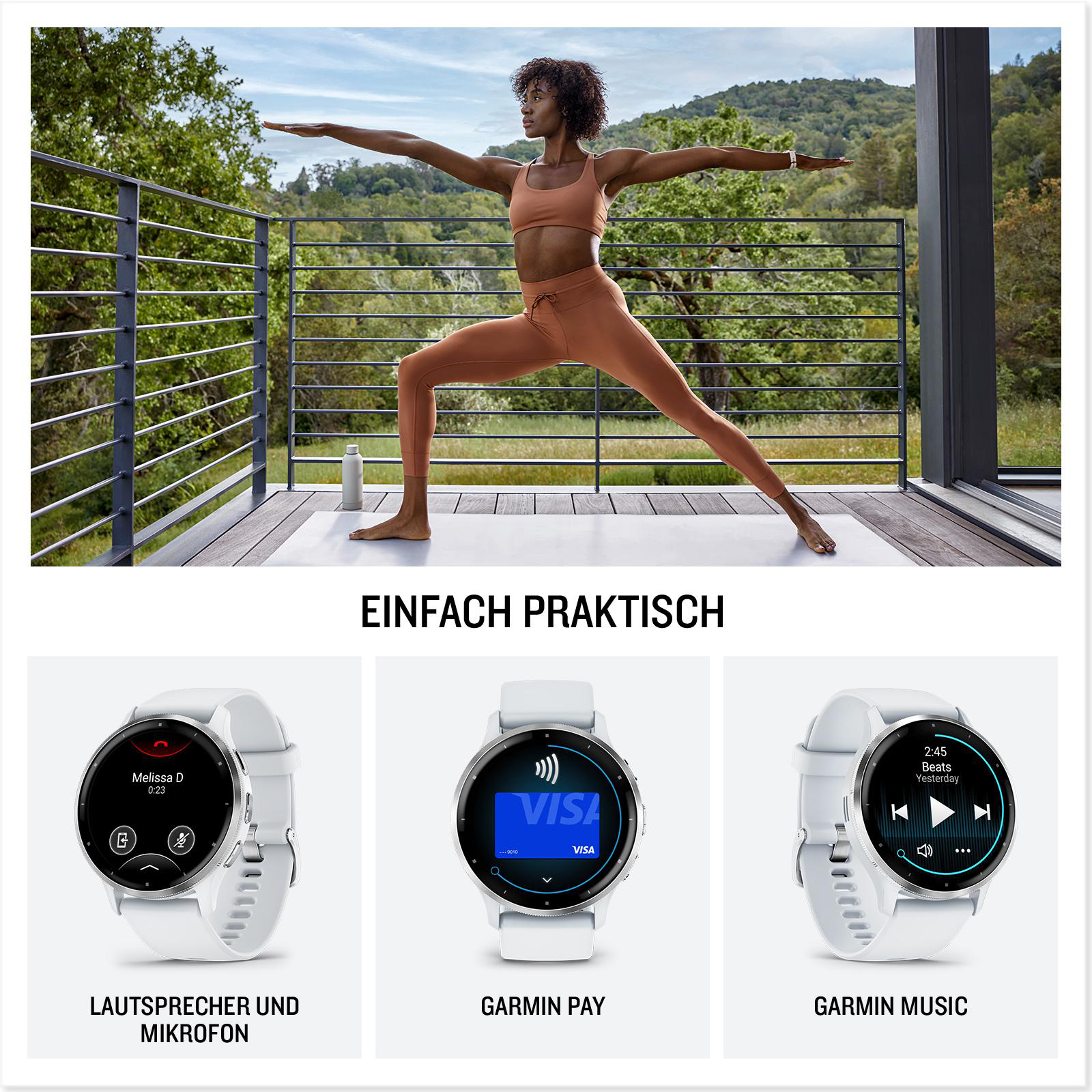 Frau macht Yoga auf Balkon, mit Uhr und Uhrenanzeigen.