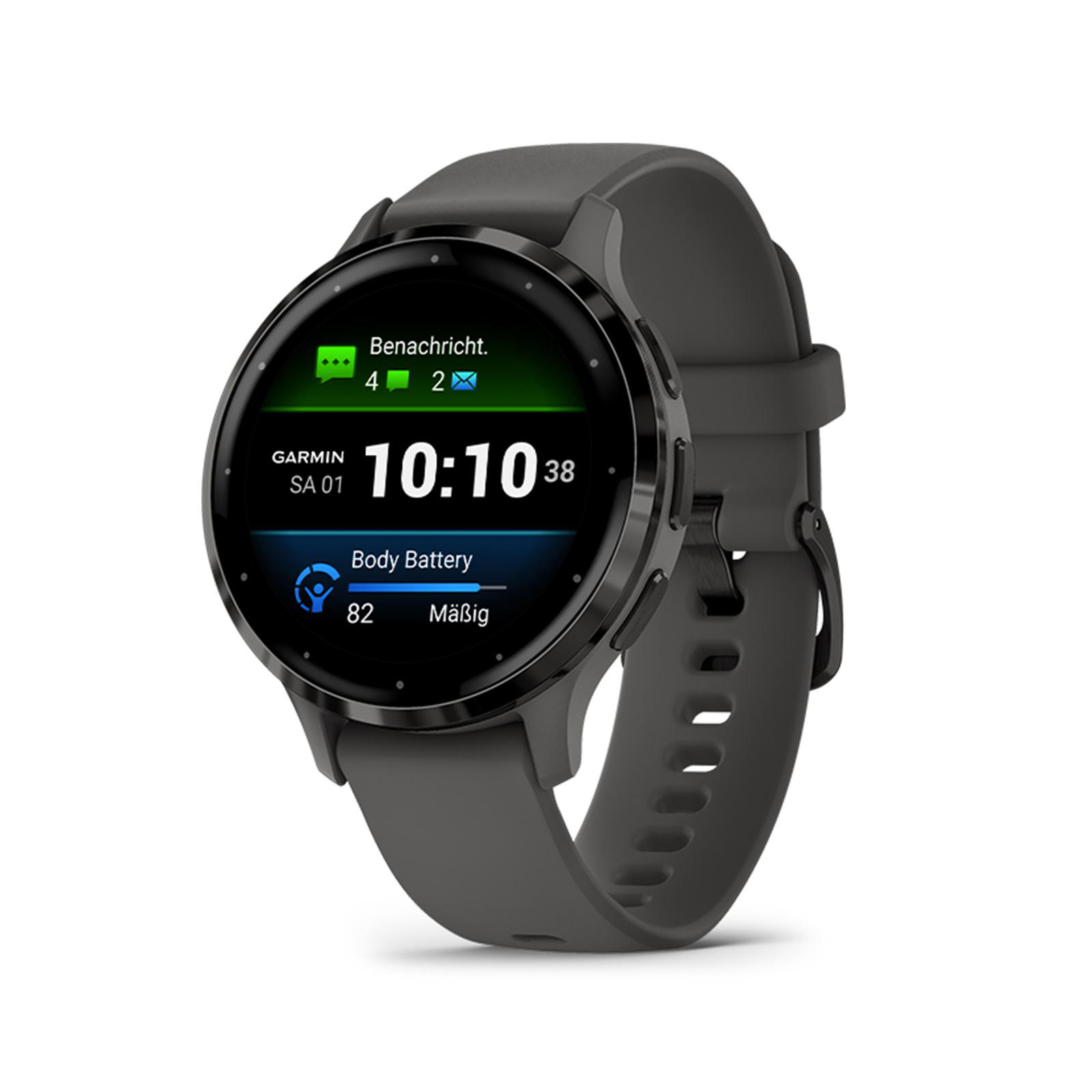 Smartwatch auf weißem Hintergrund. Zeigt Zeit, Benachrichtigungen und Körperbatteriestand an.