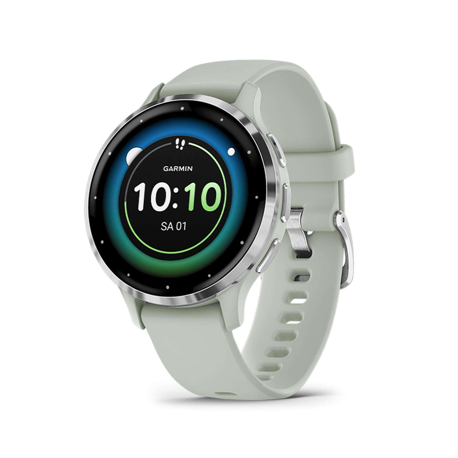 Eine Garmin Venu Sq Smartwatch mit grün-blauem Display, an einem hellgrünen Armband.