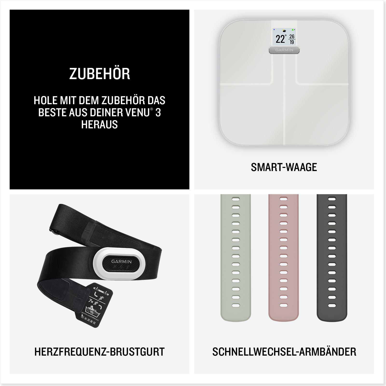 Collage von Garmin-Zubehör: eine intelligente Waage, ein Herzfrequenz-Brustgurt und farbige Armbänder.