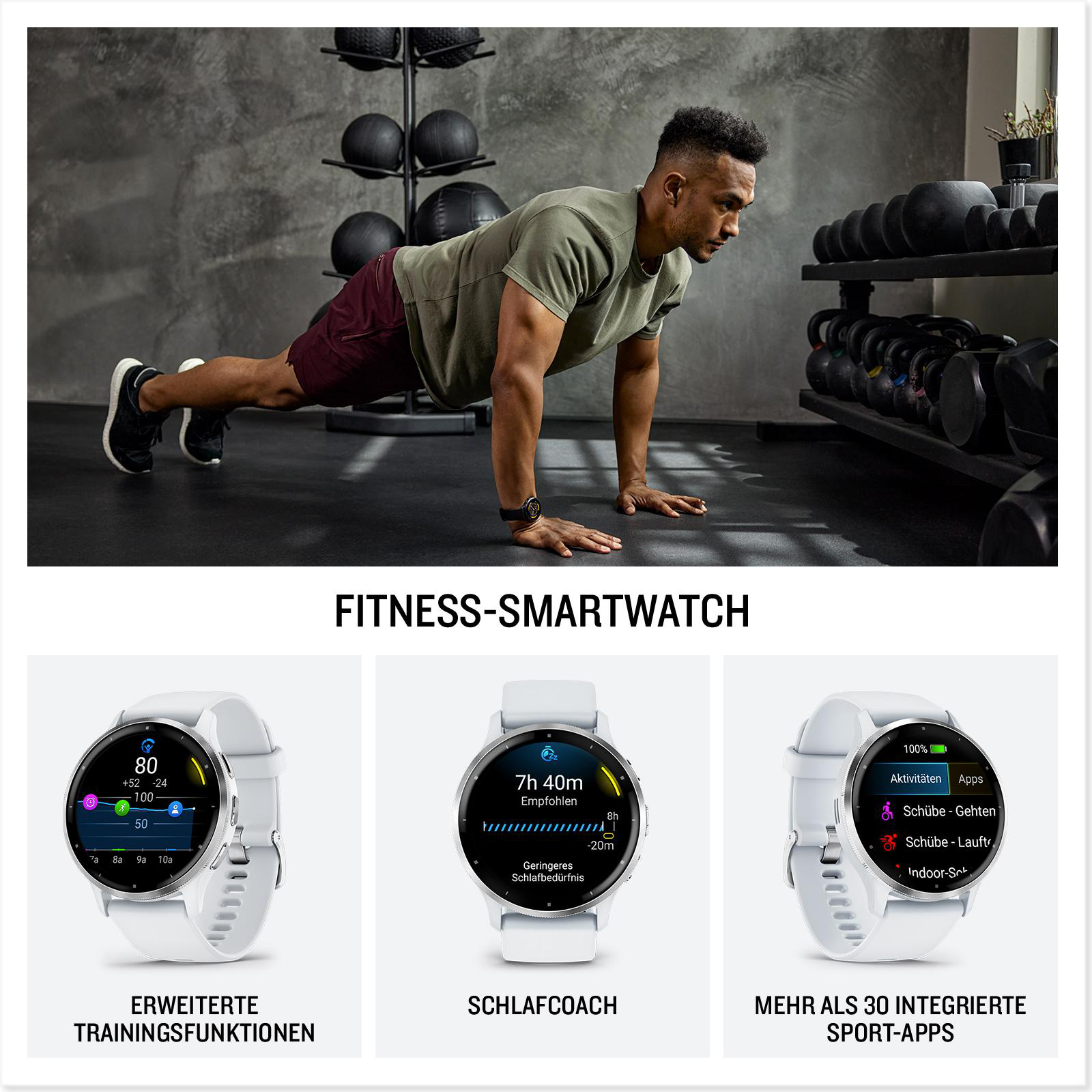 Mann macht Liegestütze, mit Fitness-Smartwatch-Ansichten. Zeigt Trainings-, Schlaf- und App-Daten an.