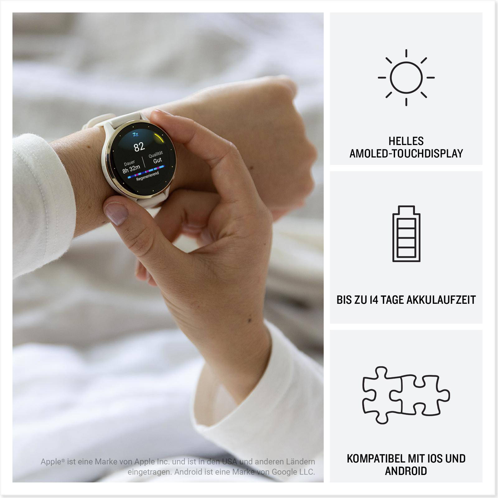 Das Handgelenk einer Person mit einer weißen Smartwatch, die Gesundheitsmetriken und Symbole anzeigt.