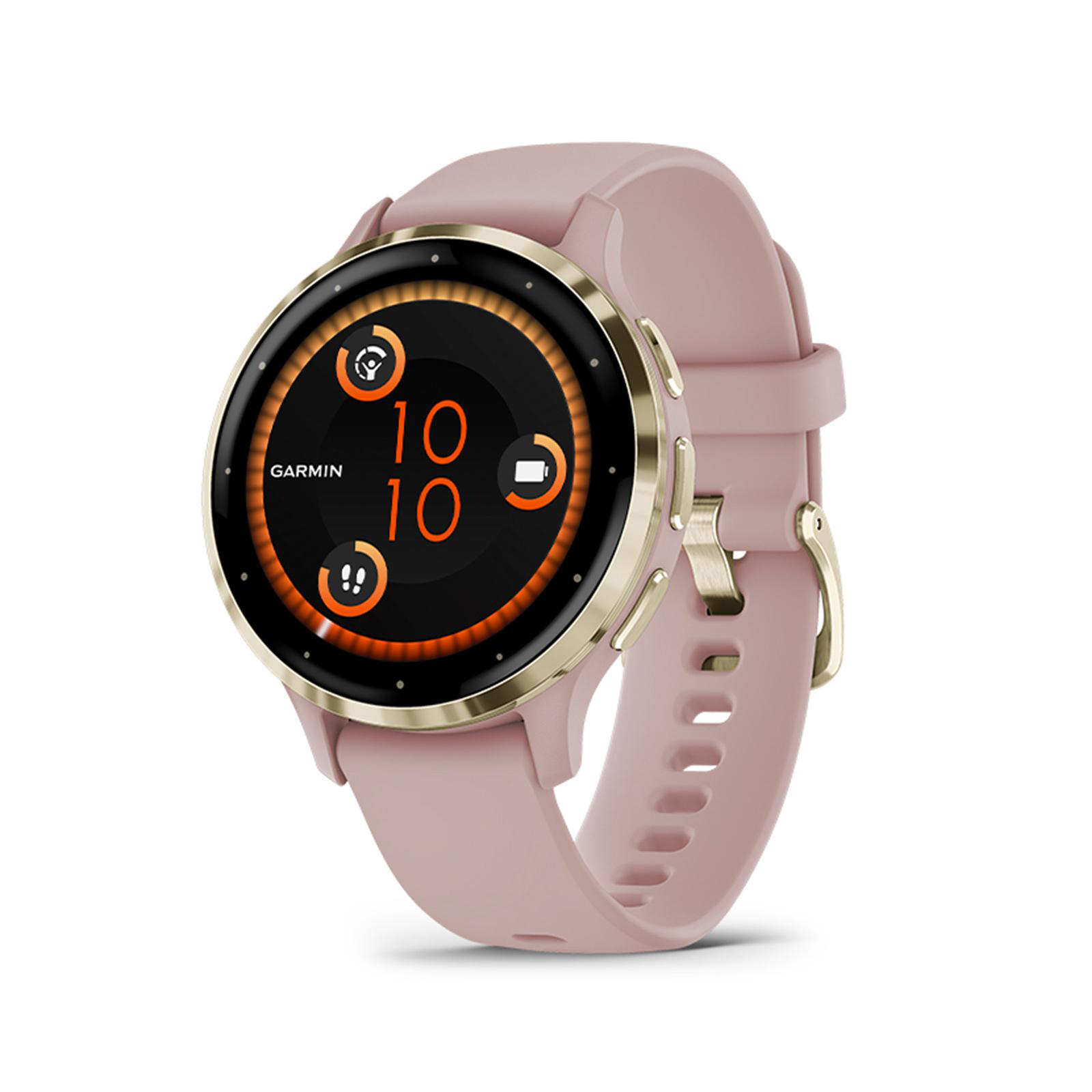 Eine rosa-goldene Smartwatch mit schwarzem Bildschirm, der Daten anzeigt.