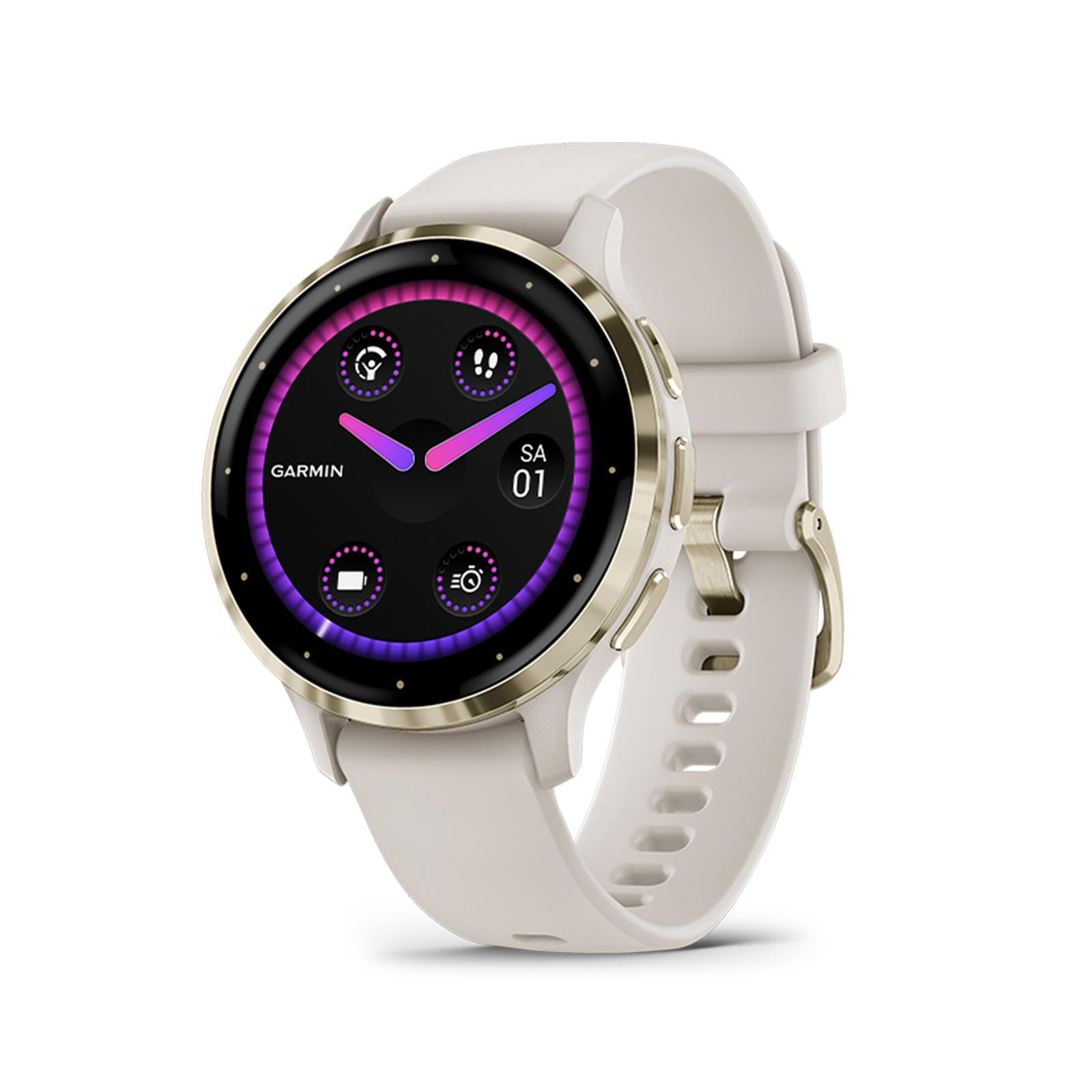 Weiße Garmin Smartwatch mit goldfarbener Lünette. Das Display zeigt Symbole und das Datum.