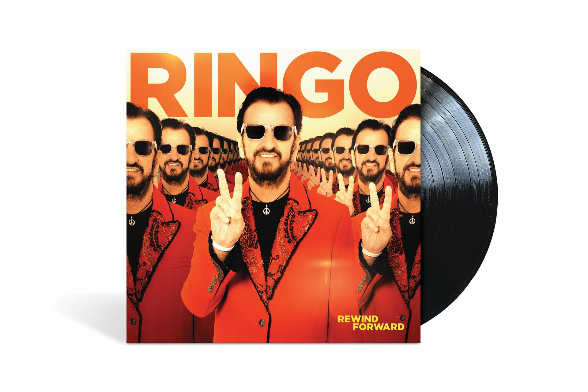 Albumcover mit Ringo Starr, mehrere Bilder, schwarze Vinyl-Schallplatte.