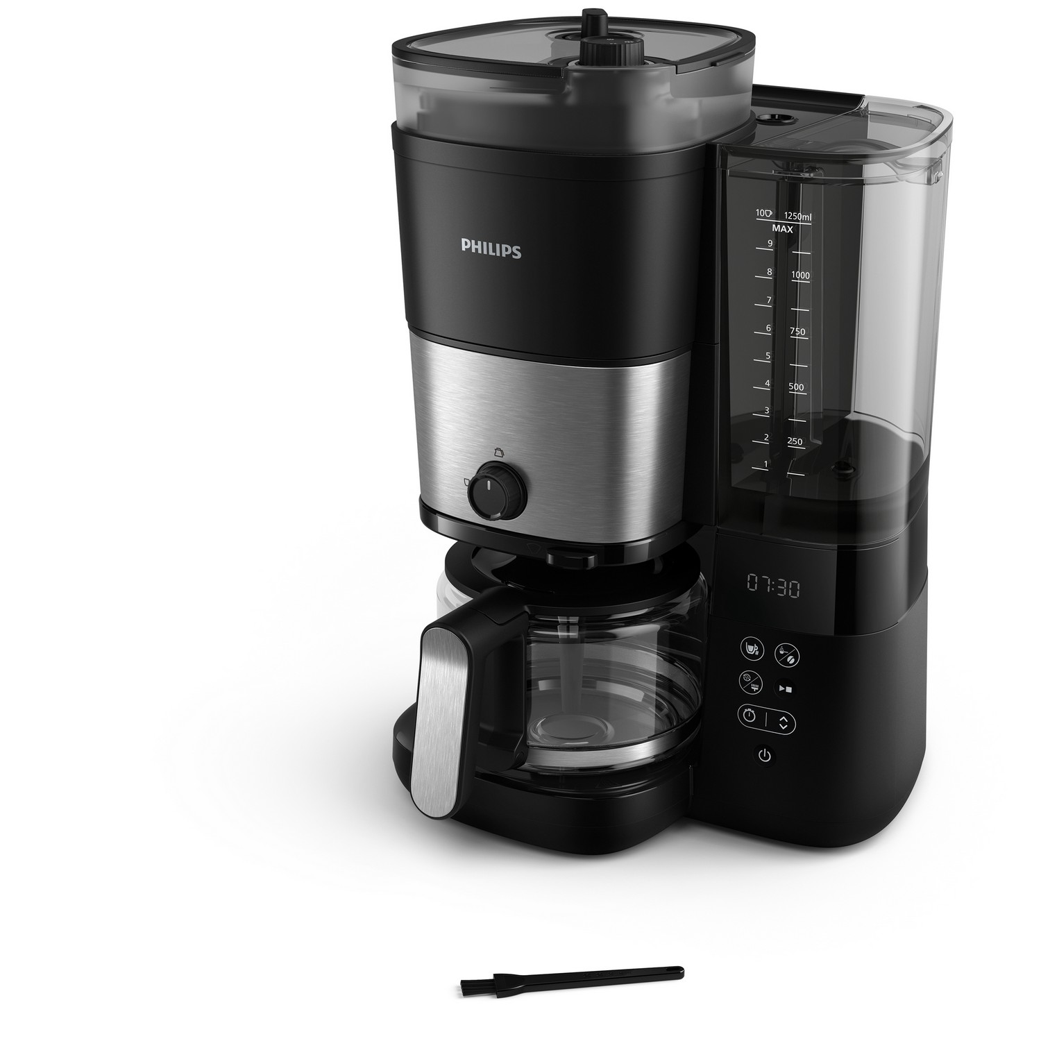 Black and silver Philips coffee maker on a white surface.