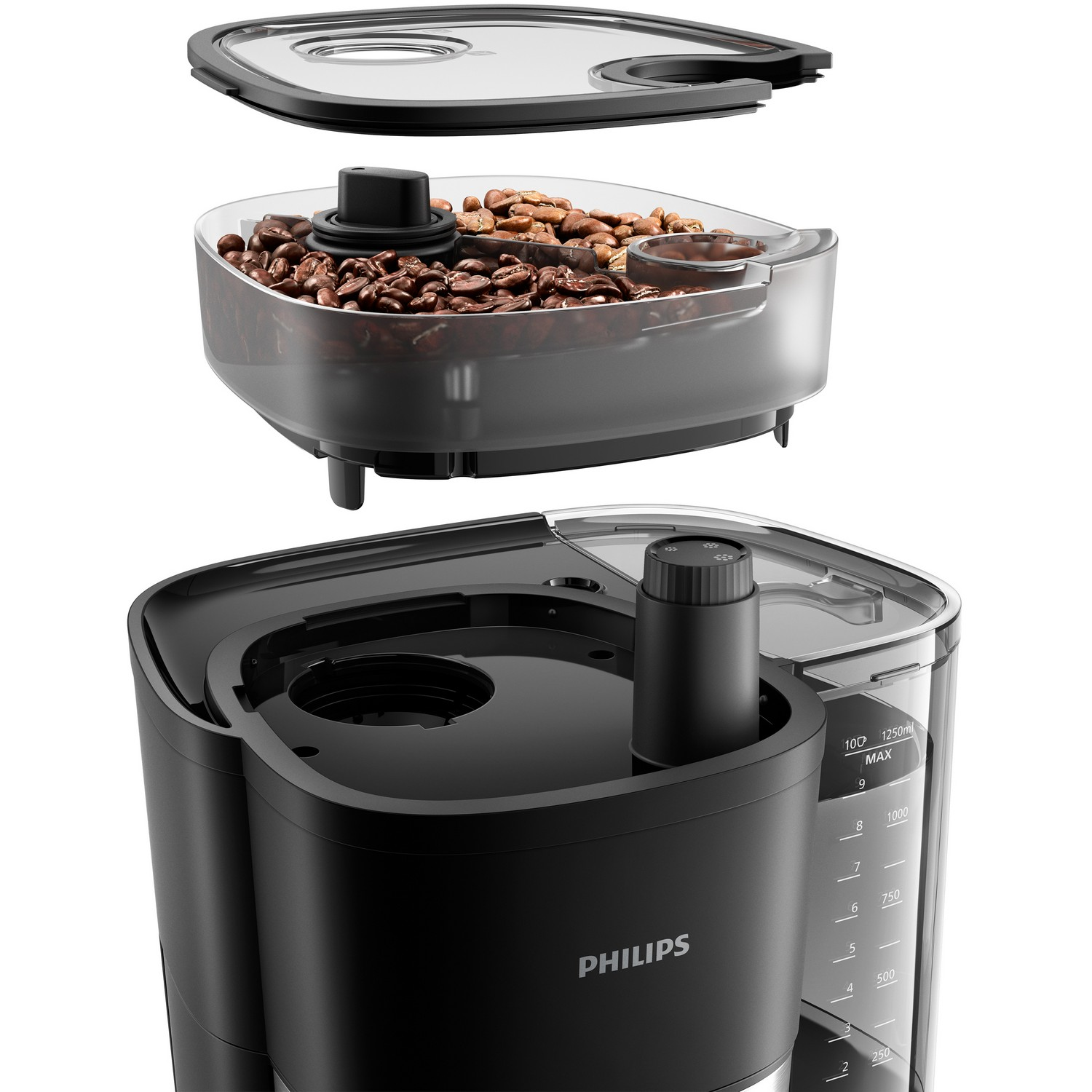 Coffee machine disassembled, showing beans, filter, and black base.