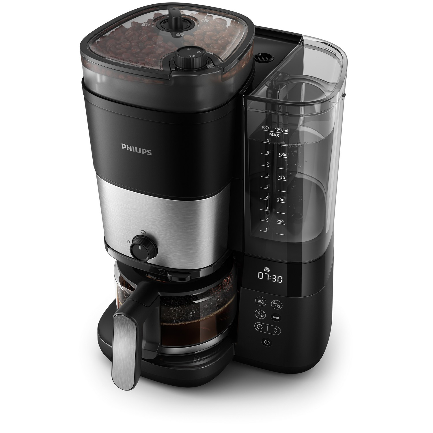 A black and silver Philips coffee maker. It has a bean container, water reservoir, and a glass carafe.