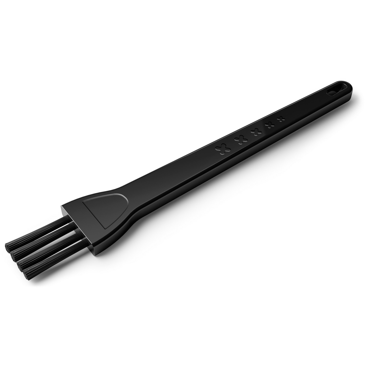 Black cleaning brush for electric razors. Has multiple bristles.
