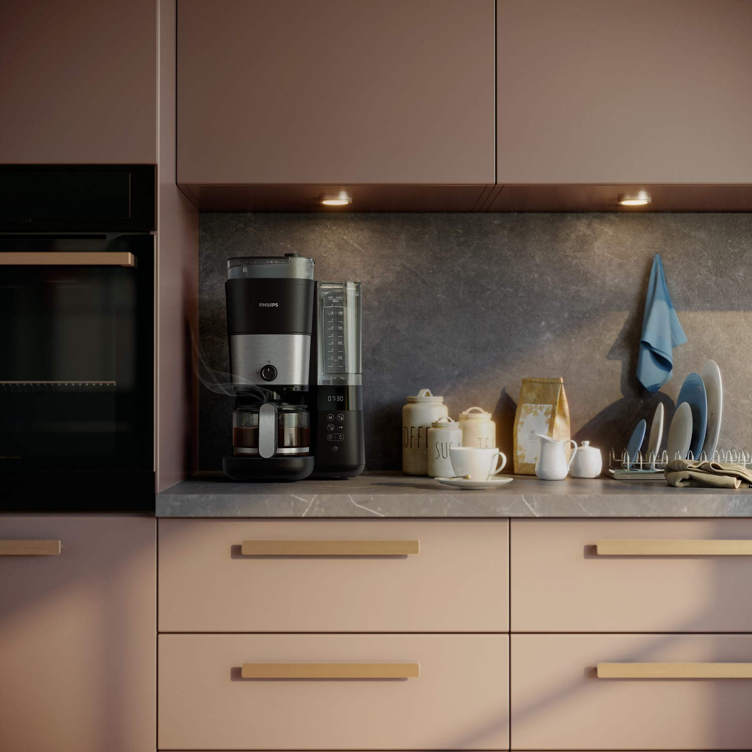 Kitchen scene with coffee maker, blender, coffee, sugar, and dishes on a counter.