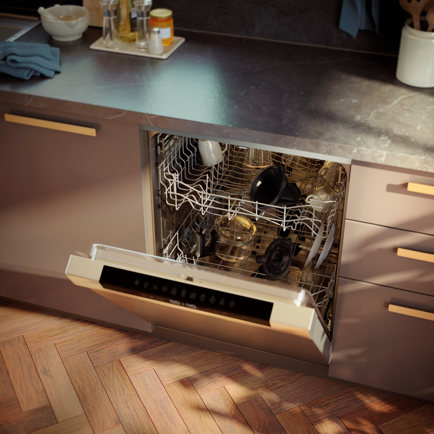 Dishwasher with the door open, showing clean dishes and utensils.
