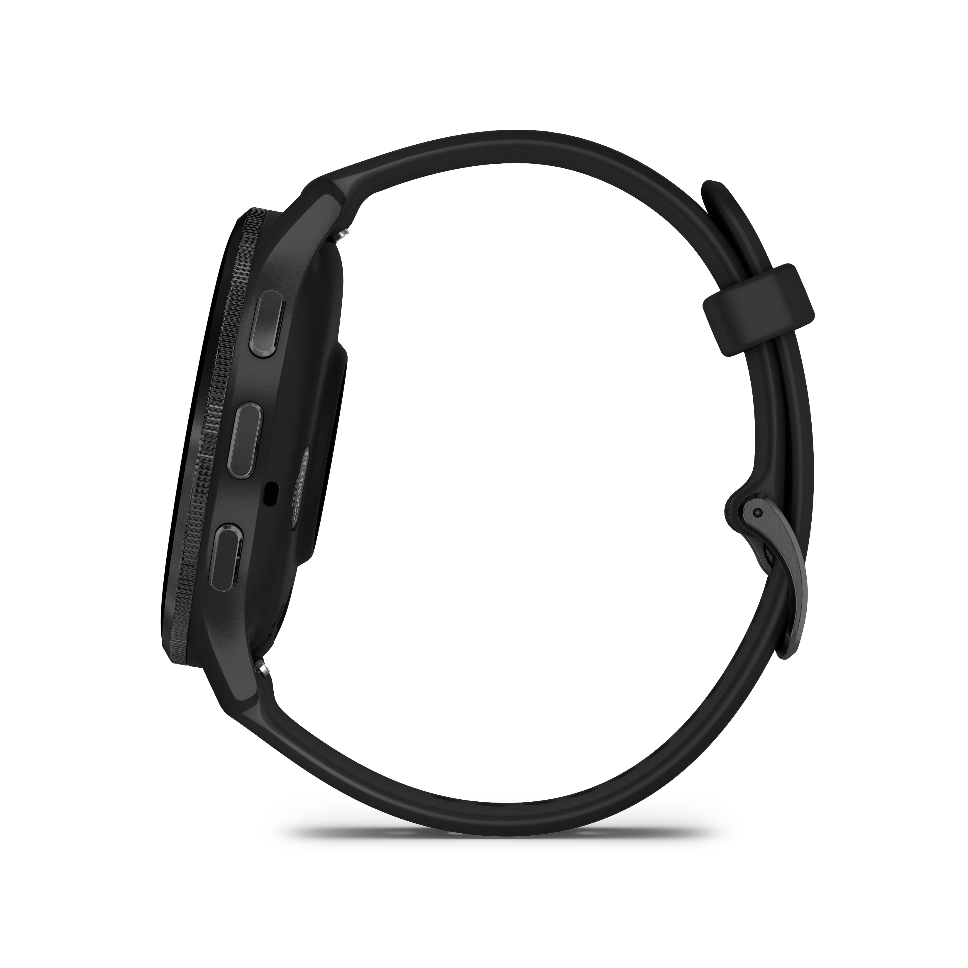 Eine schwarze Smartwatch mit rundem Zifferblatt. Das Armband ist schwarz, mit schwarzem Hintergrund.