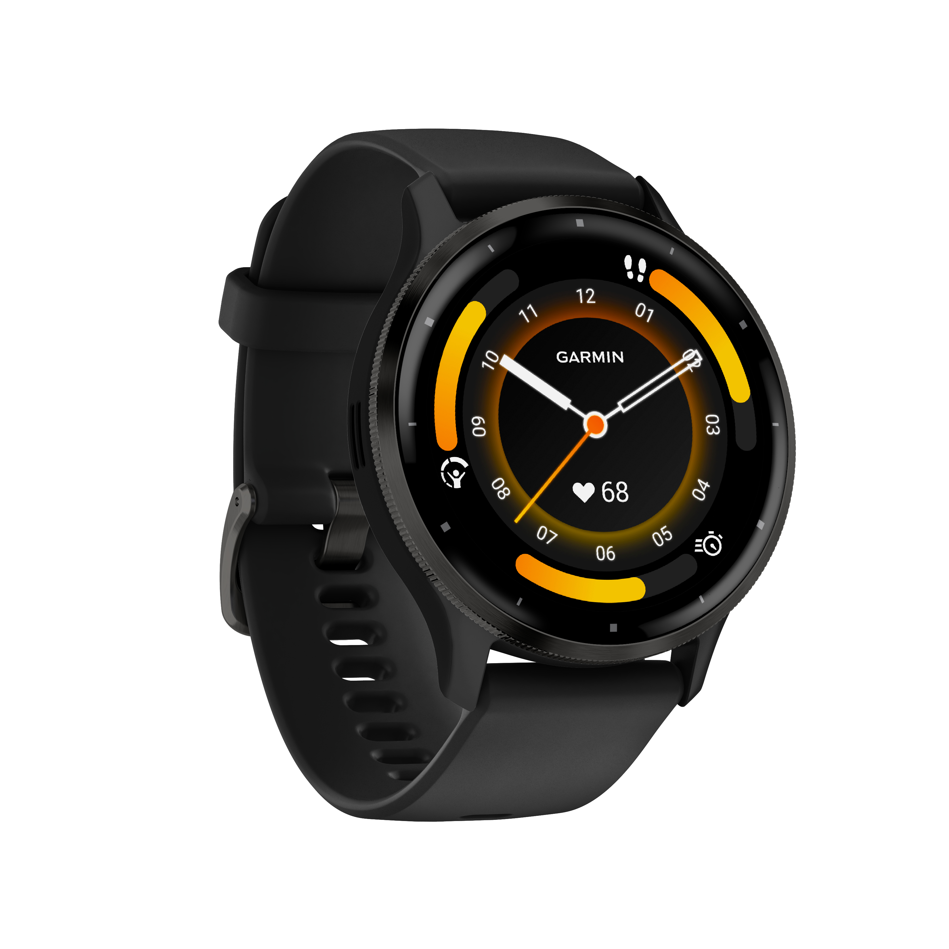 Schwarze Garmin Smartwatch. Zeigt Zeit und Fitnessdaten an. Schwarzes Armband. Gelbe Akzente.