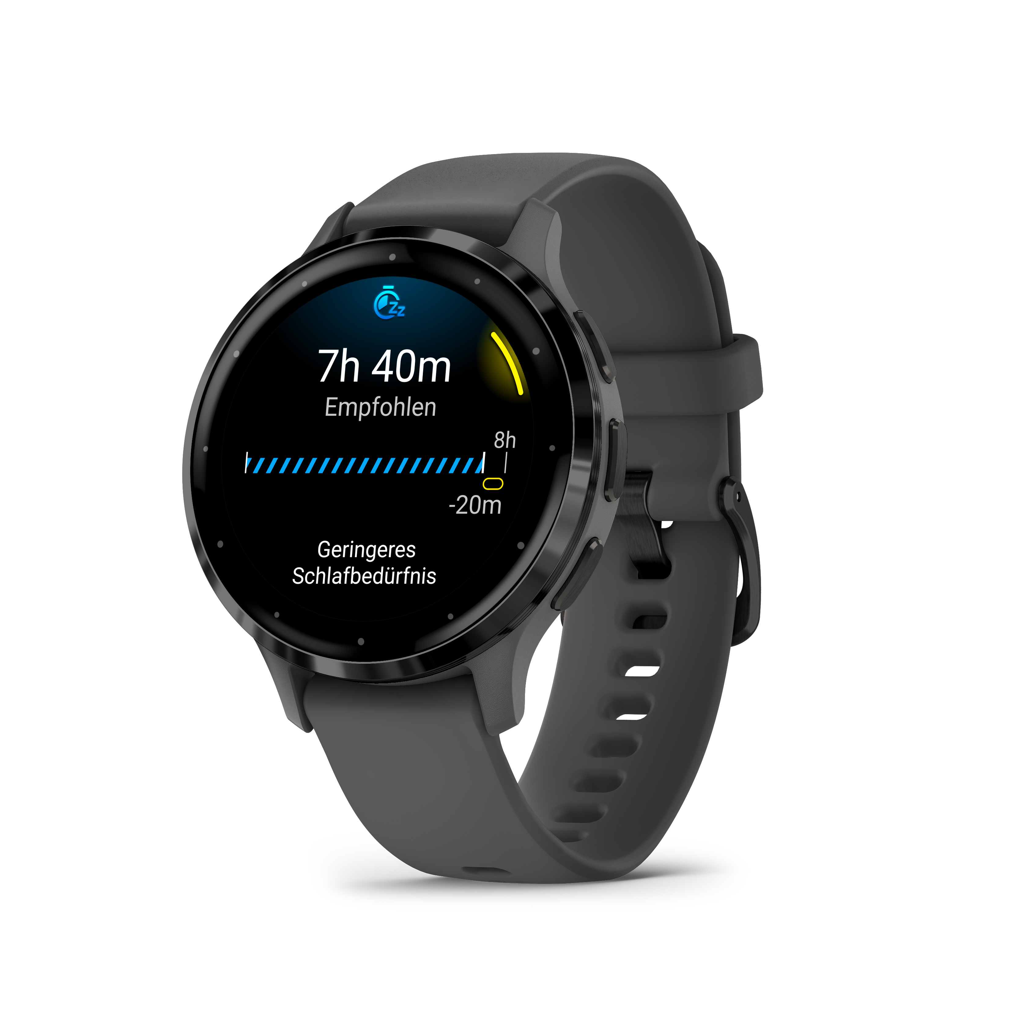 Smartwatch mit Schlafanzeige und Statistiken, mit dunkelgrauem Armband.