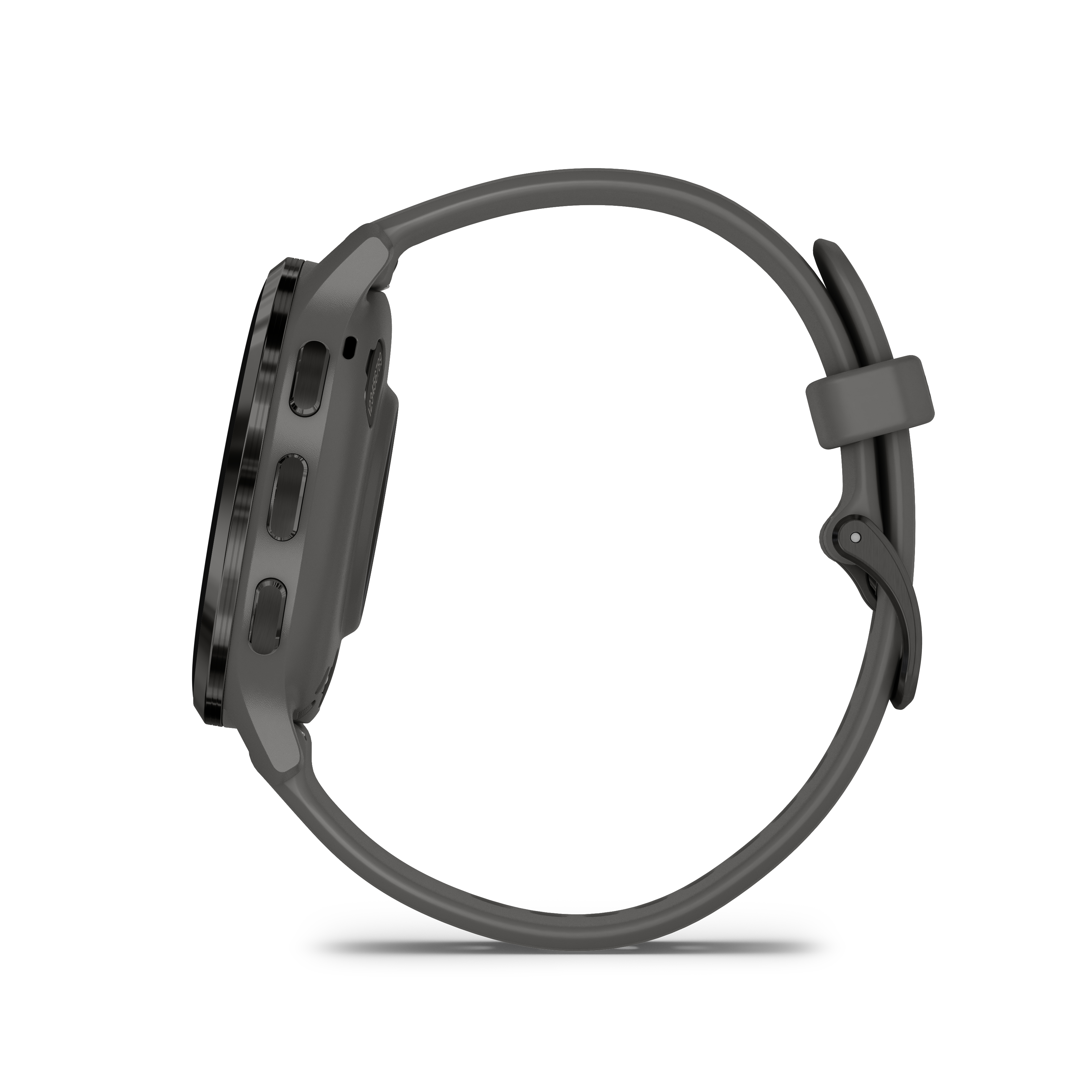 Graue Smartwatch auf weißem Hintergrund, Seitenansicht.