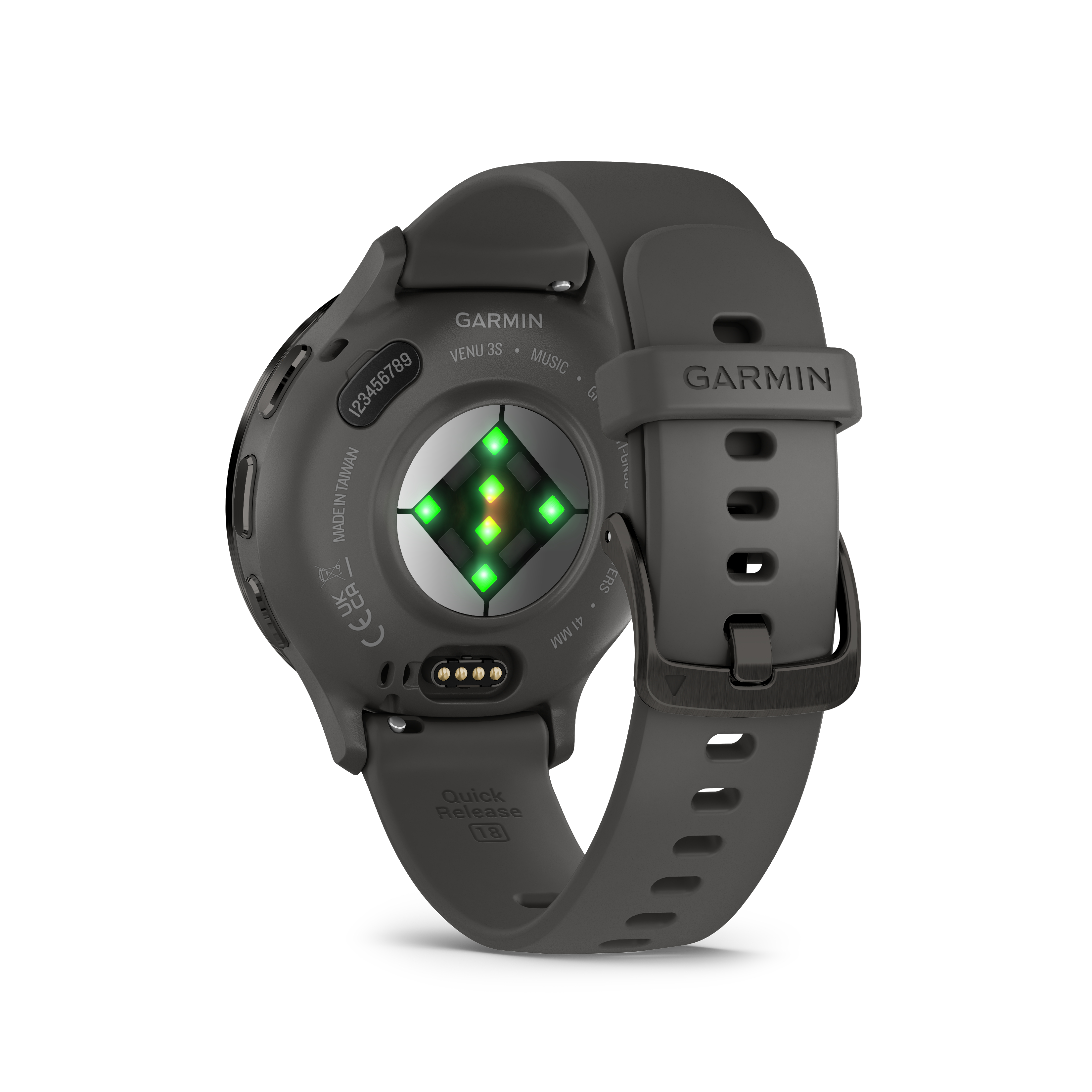 Garmin Venu 3S Smartwatch. Die Rückseite ist sichtbar und zeigt Sensoren und ein grünes Licht.