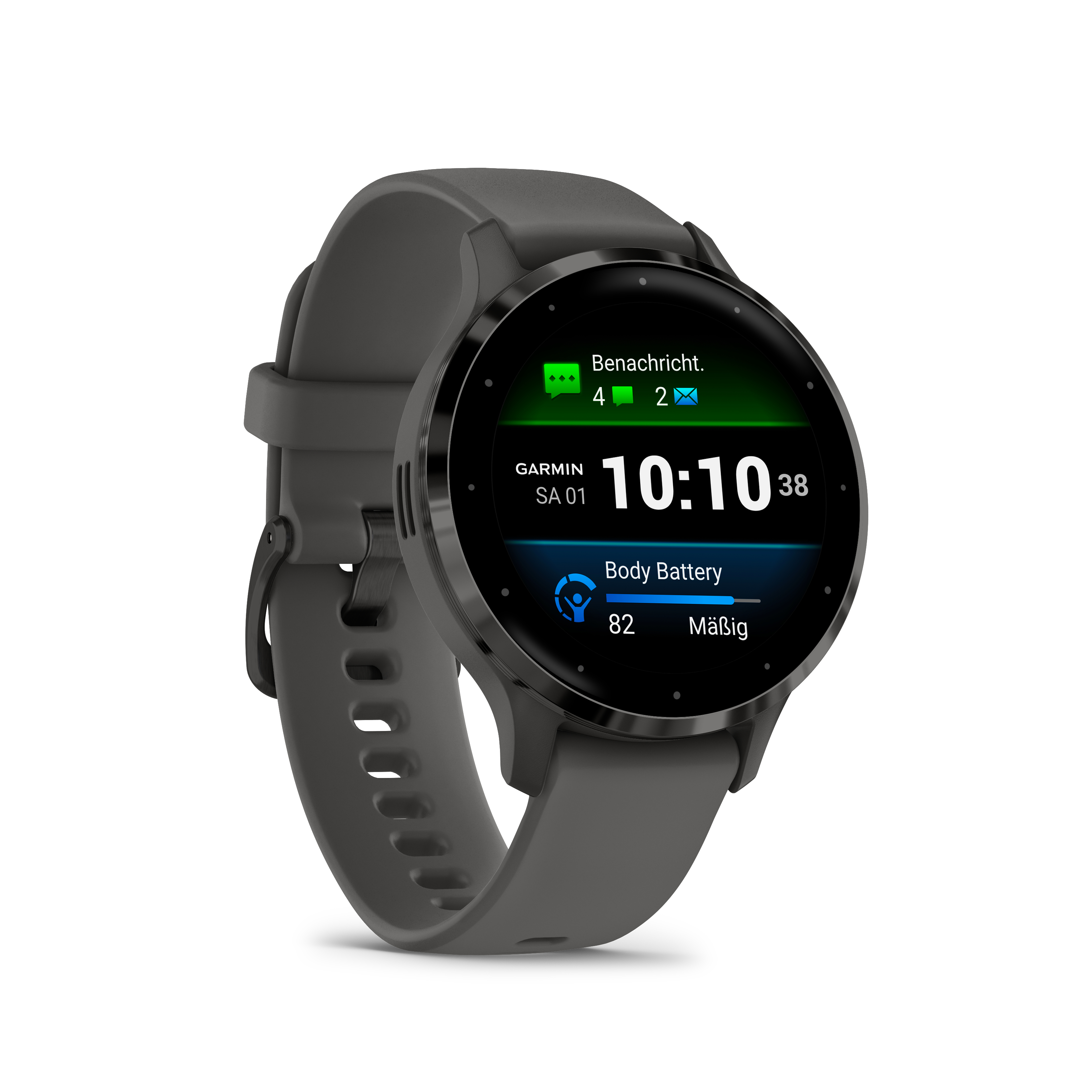 Garmin Smartwatch mit grauem Armband, zeigt Zeit und Körperbatterie-Info, auf weißem Hintergrund.