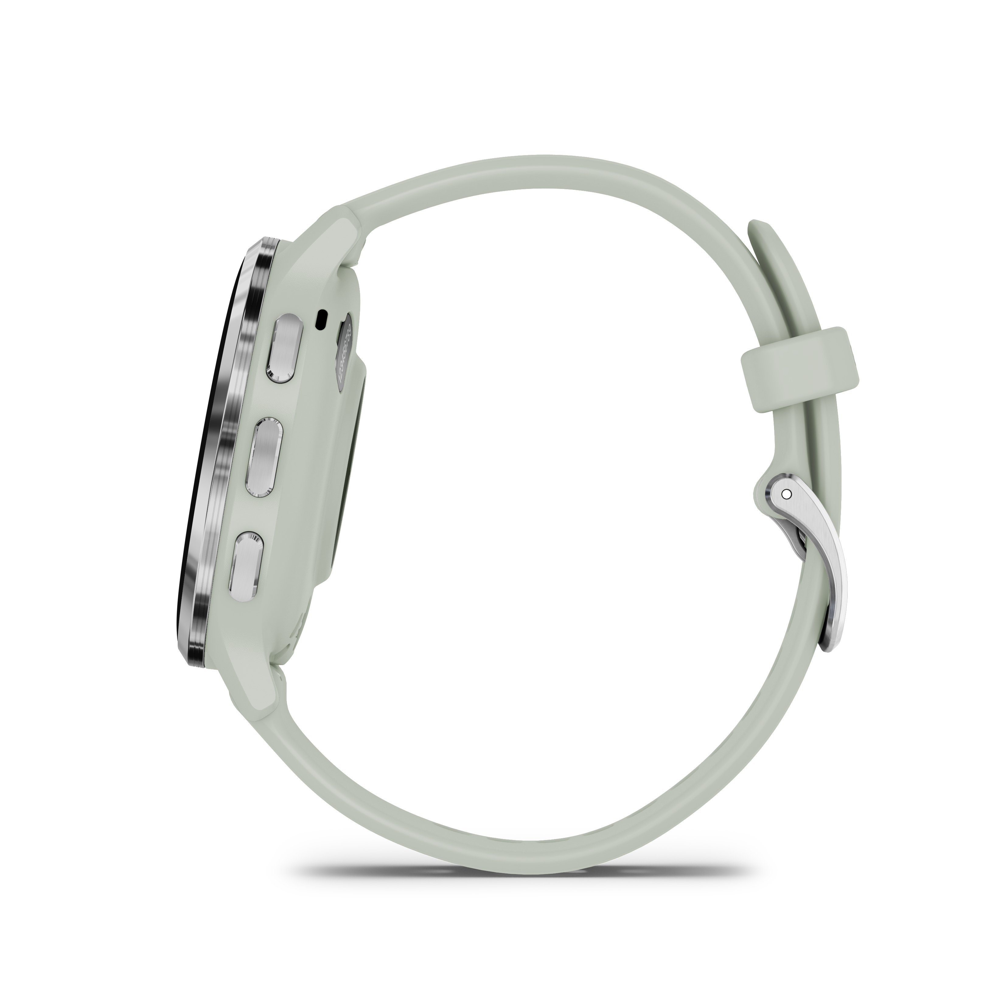 Seitenansicht einer grünen Garmin Smartwatch. Silberne Knöpfe sind an der Seite der Uhr sichtbar.