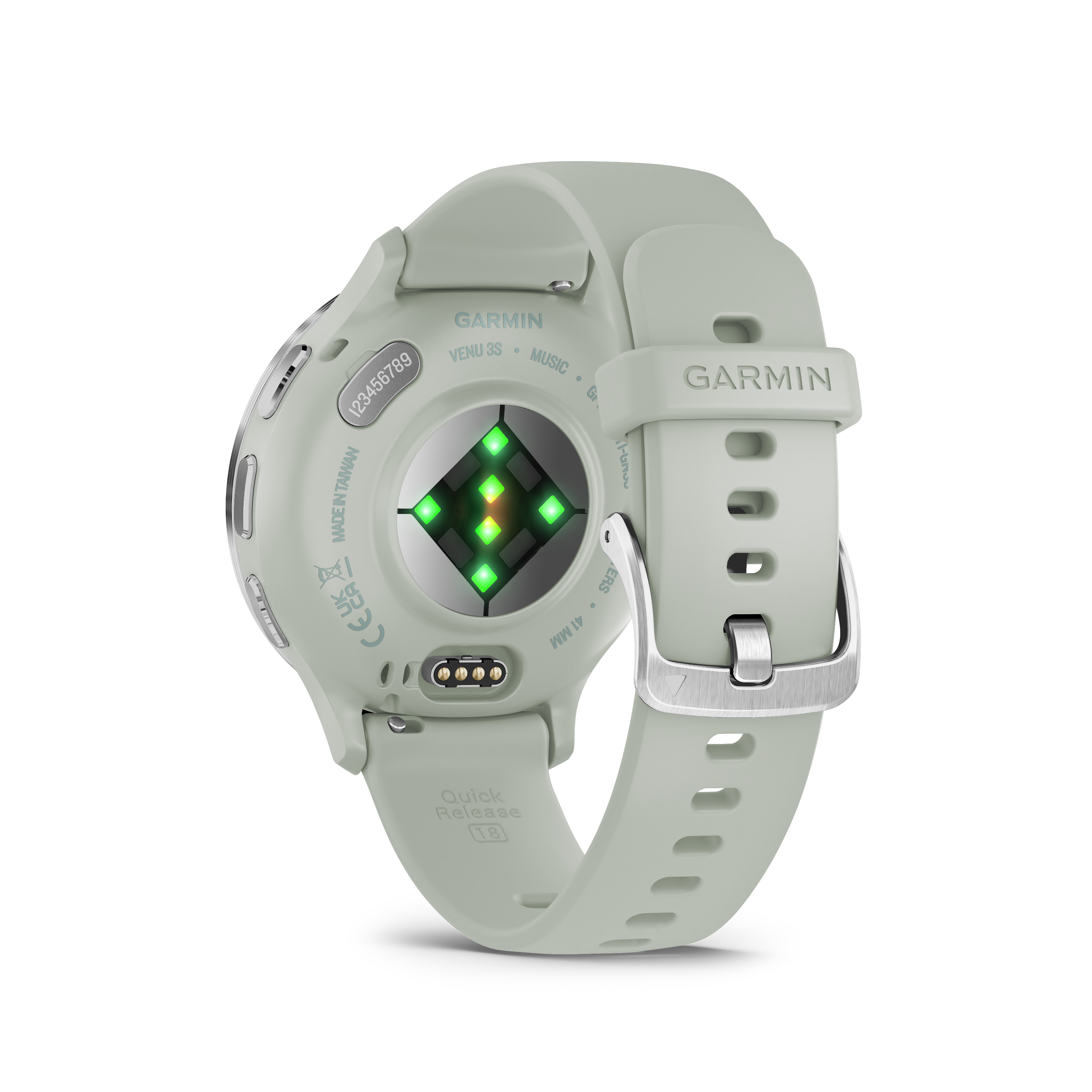Nahaufnahme einer Smartwatch am Handgelenk, Rückseite. Hellgrünes Armband.