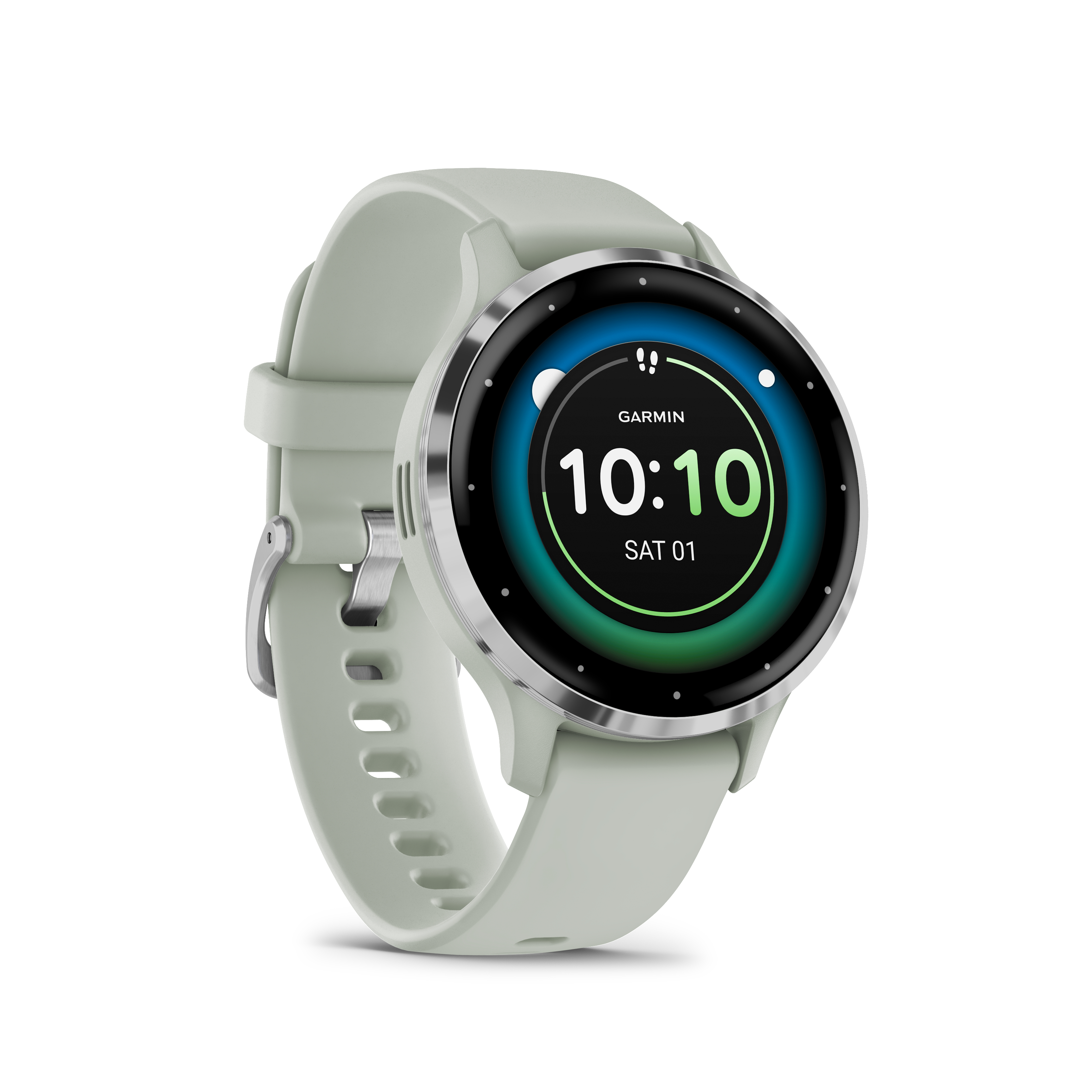 Eine Garmin-Smartwatch mit hellgrünem Armband, schwarzem Bildschirm und weißem Hintergrund.