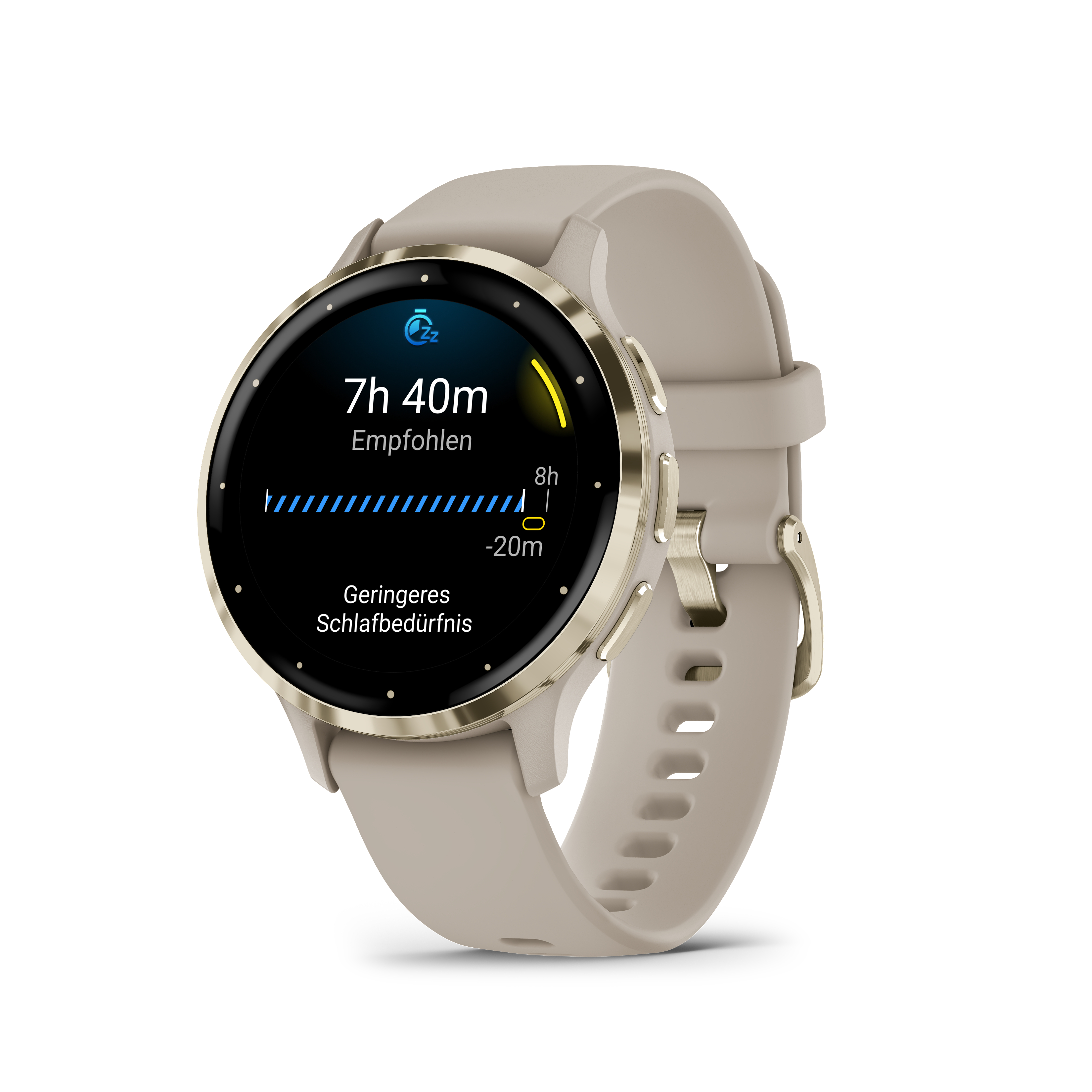 Smartwatch mit beigem Armband, zeigt Schlafdaten. Zeigt Zeit, Schlafdauer und eine -20m-Anzeige.