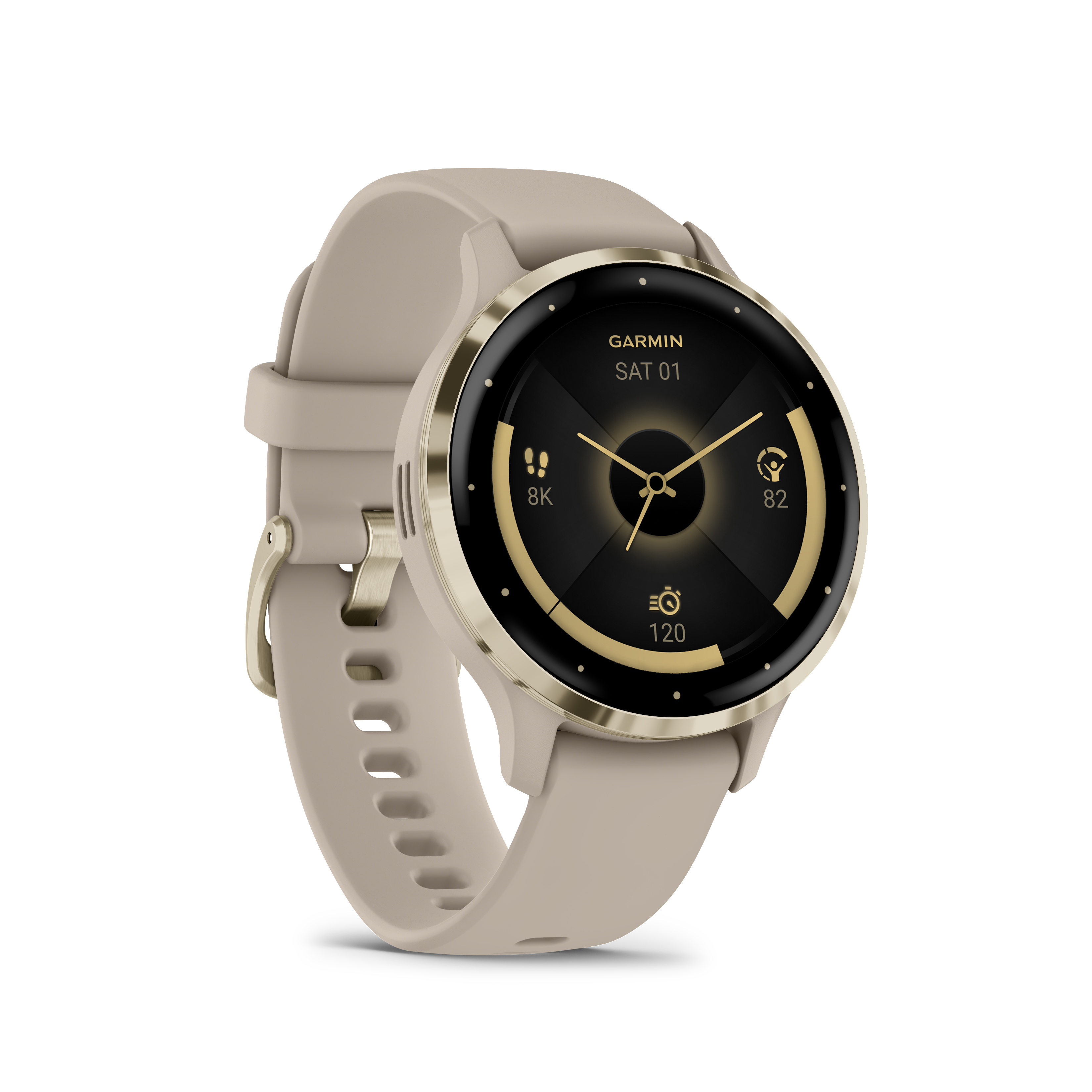 Beige Garmin-Smartwatch mit goldenem Rahmen, zeigt schwarzes Display mit Daten, auf weißem Hintergrund.